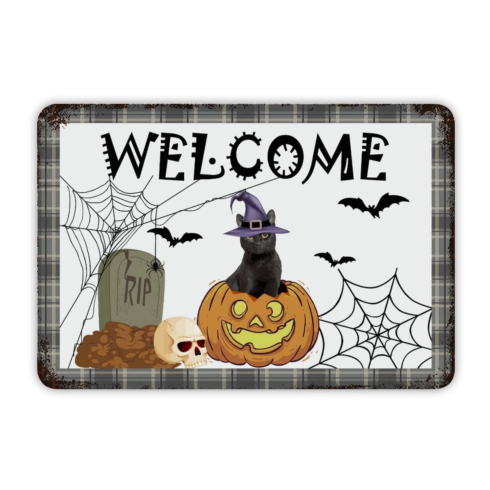 ENEDNATE Happy Halloween Witch Hat Cat Pumpkin Welcome Aluminum Tin Sign 8x12 Inch Waterproof Vintage Metal Sign for School Office Classroom Gate Garage Garden Home Wall Decoration Housewarming Gifts