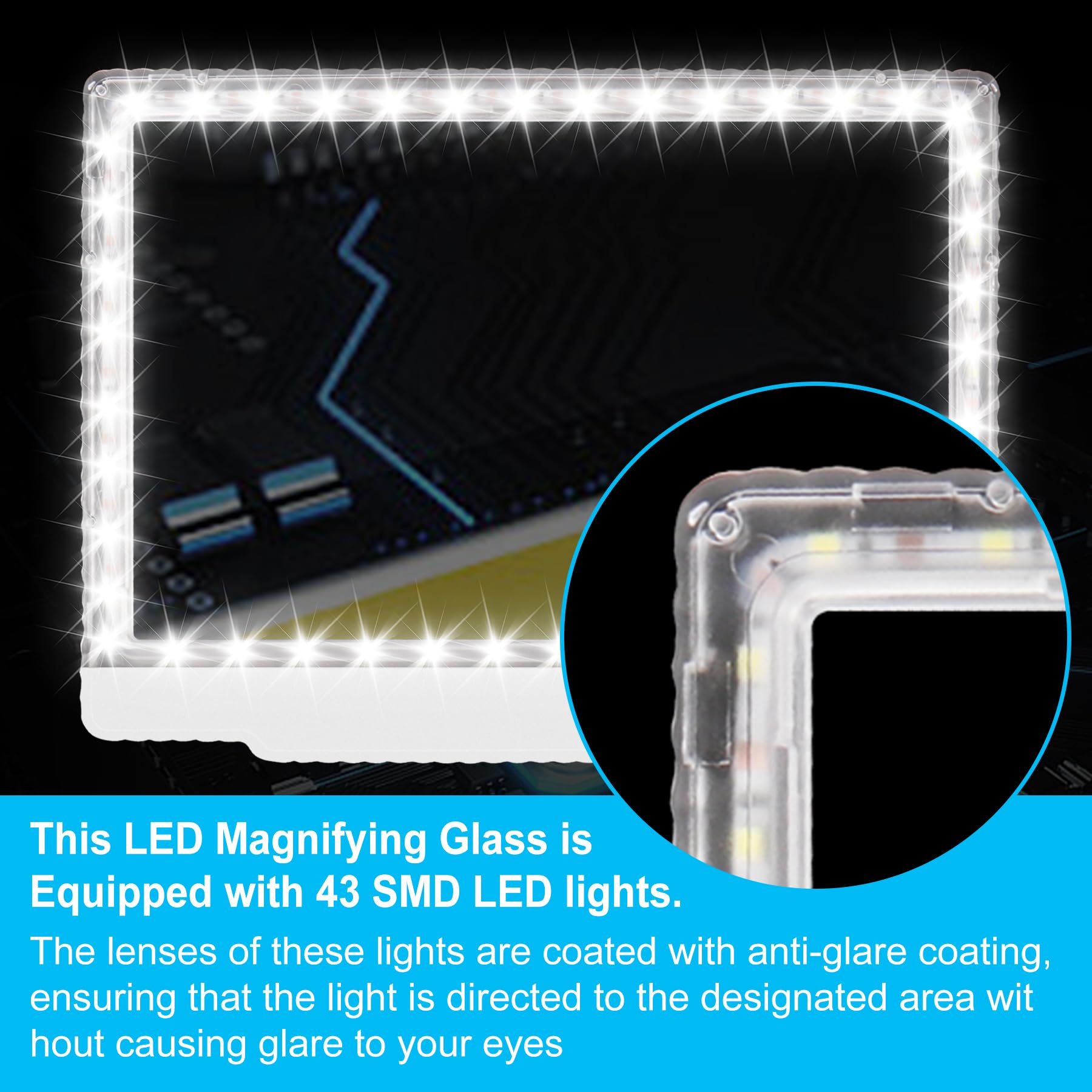 Lente d'ingrandimento 5X con luce e supporto, 43 LED ultra luminosi, lente d'ingrandimento a pagina intera per leggere grandi lenti d'ingrandimento intorno al collo, per anziani con ipovisione