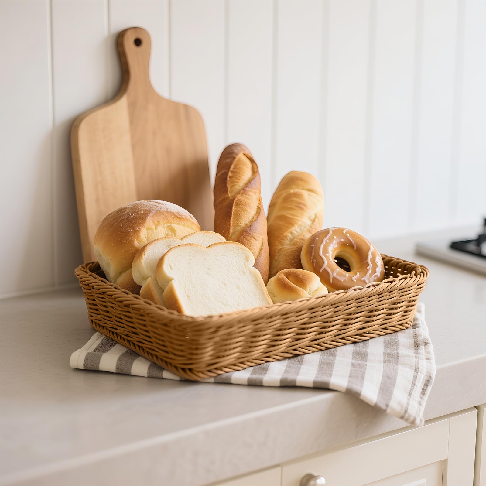 ZOENHOU 2 cestini rettangolari intrecciati per il pane 40 x 30 x 8 cm, in rattan sintetico ermetico, organizer da cucina con design impilabile, cesti di vimini per hotel, ristoranti