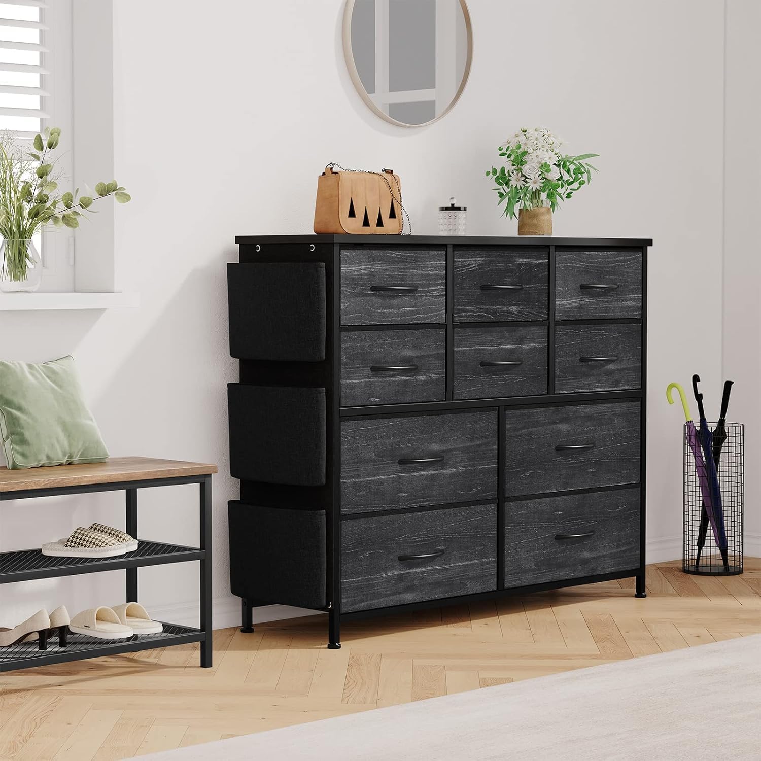10 Schubladen Kommode aus Stoff, Faltbarer Schubladenschrank mit Metallrahmen und MDF-Platten, Aufbewahrungsschrank für Schlafzimmer Flur Wohnzimmer, Tragbarer Kleiderschrank Organizer mit 10 Fächern