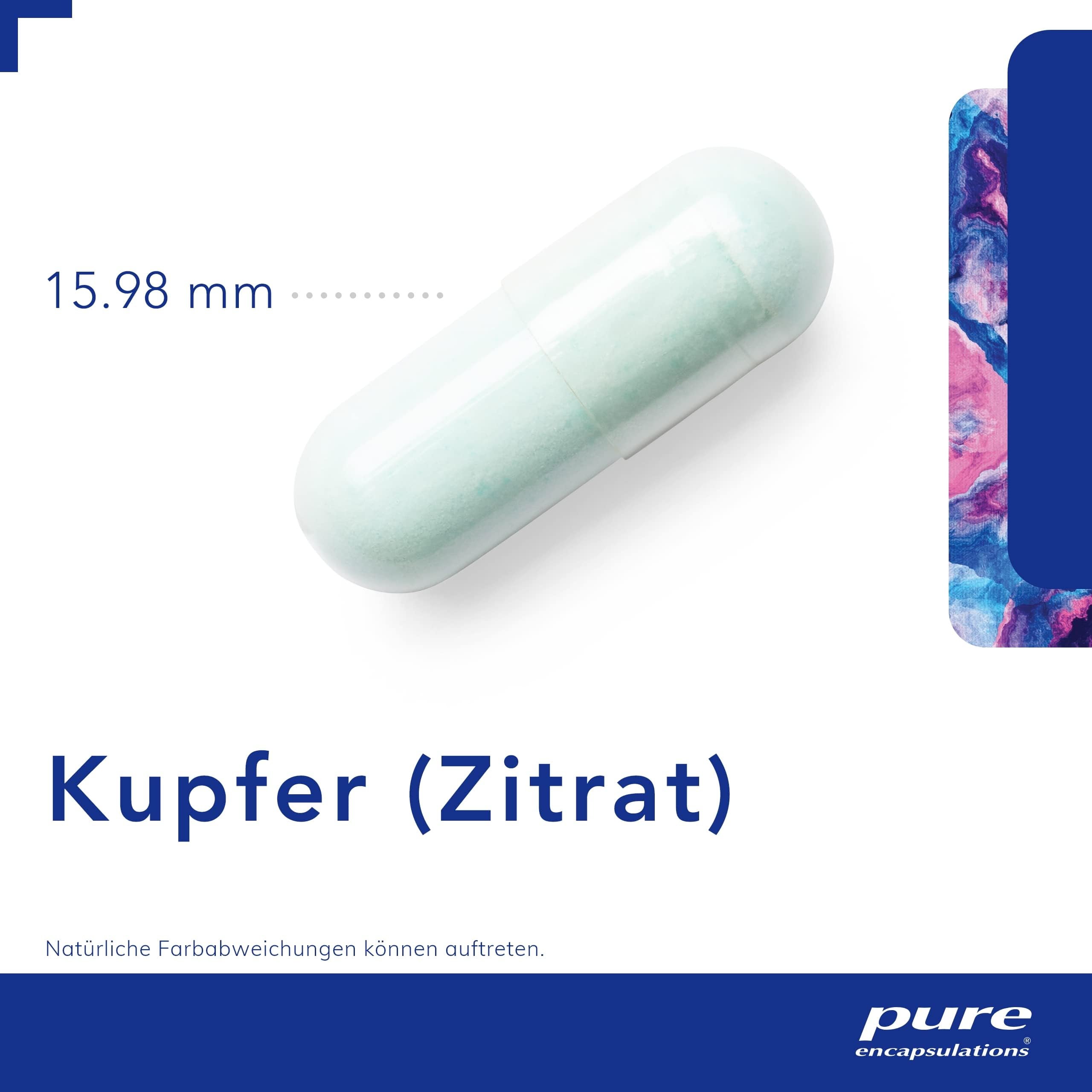 Pure Encapsulations - Kupfer (Kupfercitrat) - Spurenelement Kupfer für Haut & Haare - Immunsystem, Nevernsystem und Energiestoffwechsel - 60 vegane Kapseln
