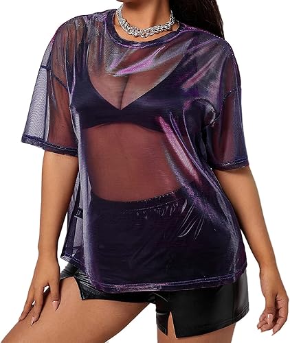 Kyerivs Camiseta de malla metálica, talla grande, manga corta, transparente, blusa para concierto, traje de rave para mujer