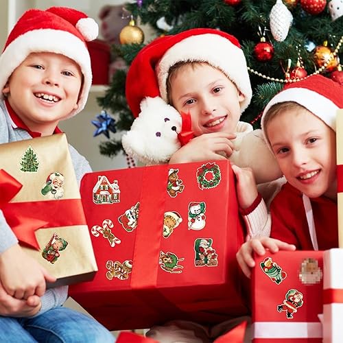 Miniatura 5 de W1cwey Rollos de pegatinas vintage de Navidad - 1000 piezas Dibujos animados de Papá Noel, muñeco de nieve, alce, árbol de Navidad Vinilo