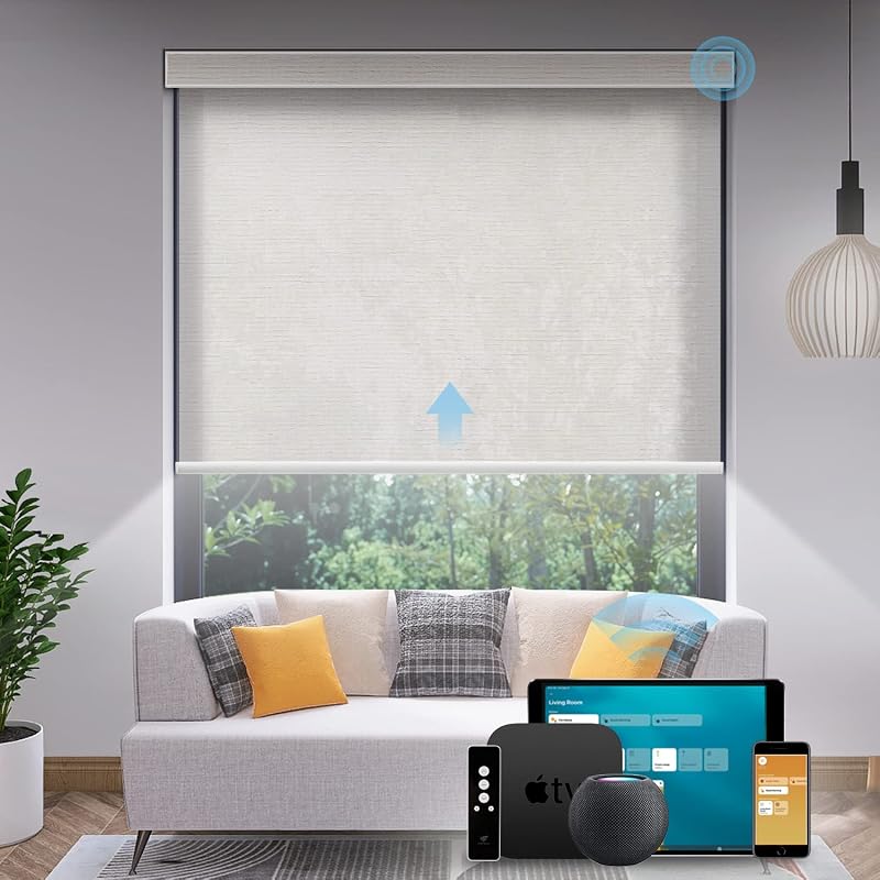 SmartWings 70% Light Filtering Motorized Roller Shades Work with Zigbee Homekit Matter Thread Z-Wave Alexa, Automatic Smart Window Blinds Privacy Cordless with Remote Control, Customized Safari Ivory