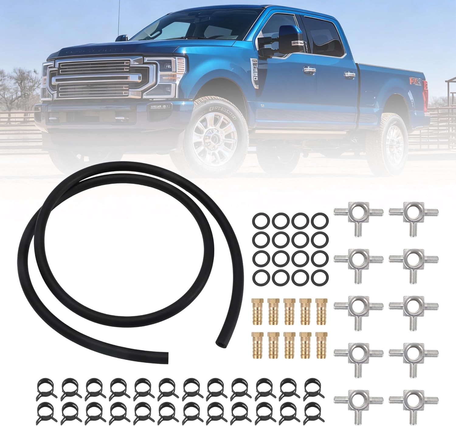 For Ford 7.3L IDI Diesel - Fuel Injector Return Line Kit - 6061 Aluminum - Includes Hoses, Viton O-Rings & Clamps