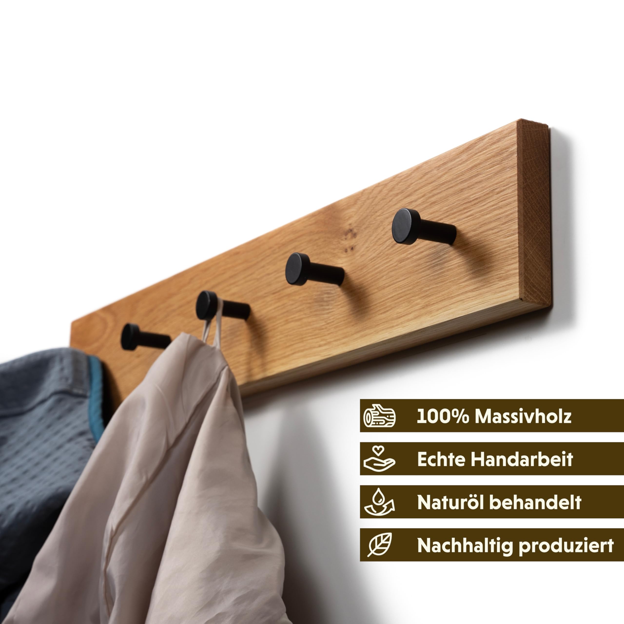WOODS Hakenleiste Garderobe Holz massiv I Garderobenleiste Landhaus I moderne Wandgarderobe aus Holz handgefertigt in Bayern I Handtuchhalter Garderobenpaneel (70cm (6 Haken), Eiche, schwarze Haken)