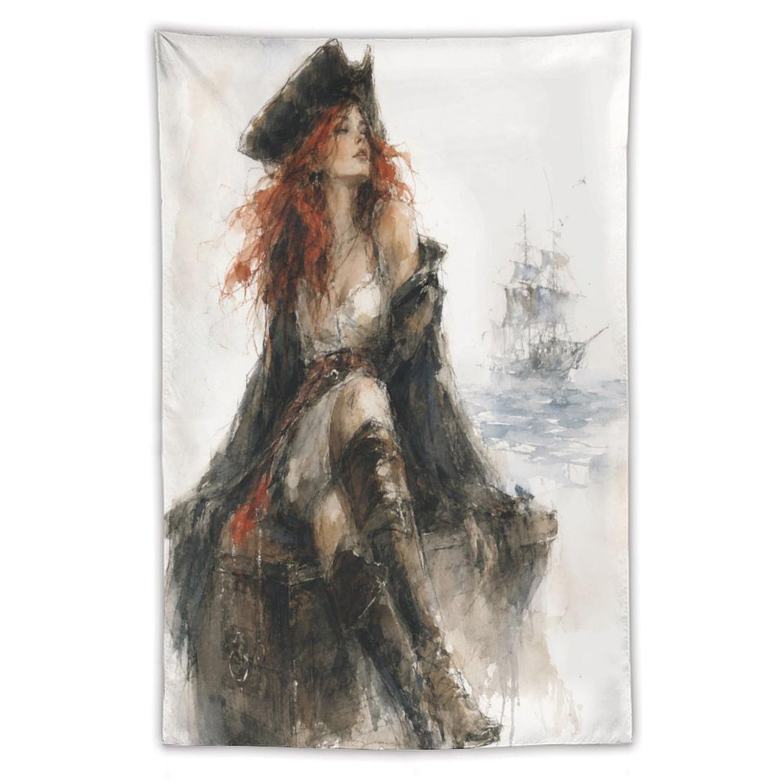 H3B8U2Y5 Pirate Woman Portrait Wall Tapestry, Oil Painting Style, Backdrop