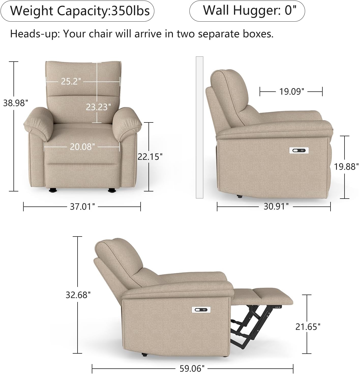 cinkehome Wall Hugger Power Recliners for Small Spaces, Electric RV Recliners with USB, Modern Recliner Chair for Living Room, Apartment, Light Brown