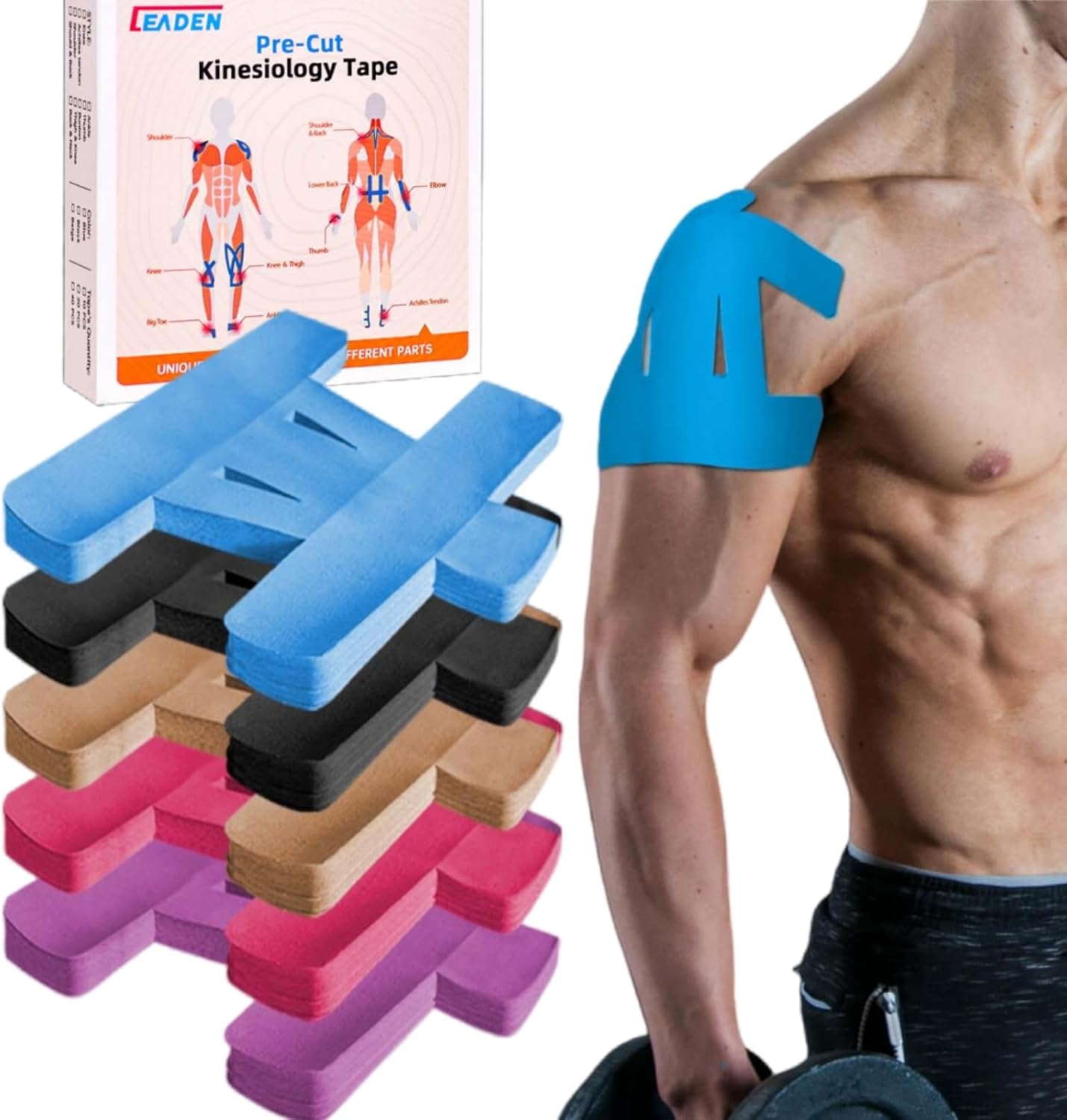 IEADEN Precut Kinesiology Tape for Shoulder, 10 Pcs - Shoulder Support & Stability, Shoulder Pain Relief Athletic Tape - Waterproof & Elastic, Breathable Hypoallergenic Latex-Free Tape, Blue