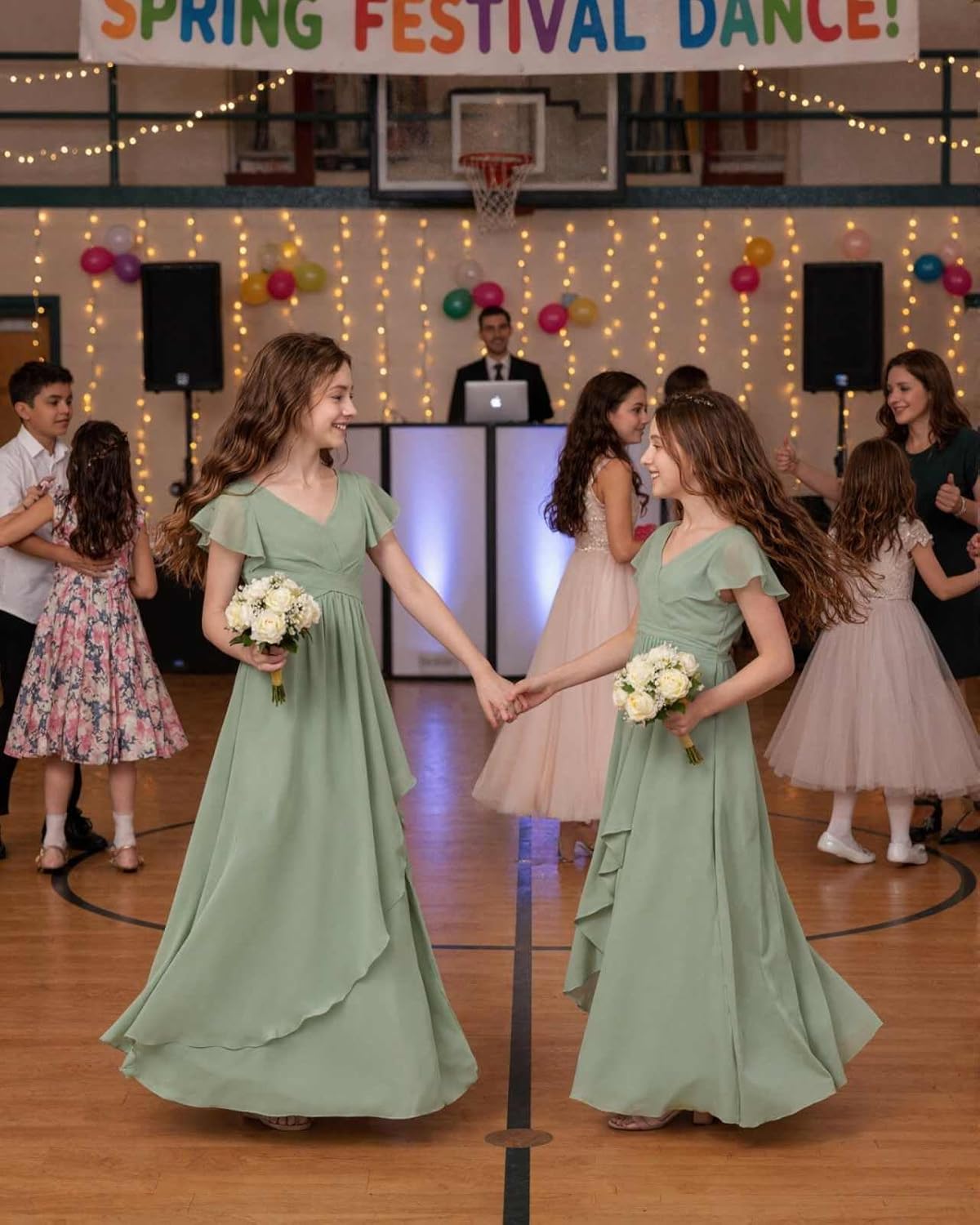 Chiffon Junior Bridesmaid Dresses for Girls Ruffle Sleeves Party Formal Gowns Wedding Guest V Neck Flower Girl Dress