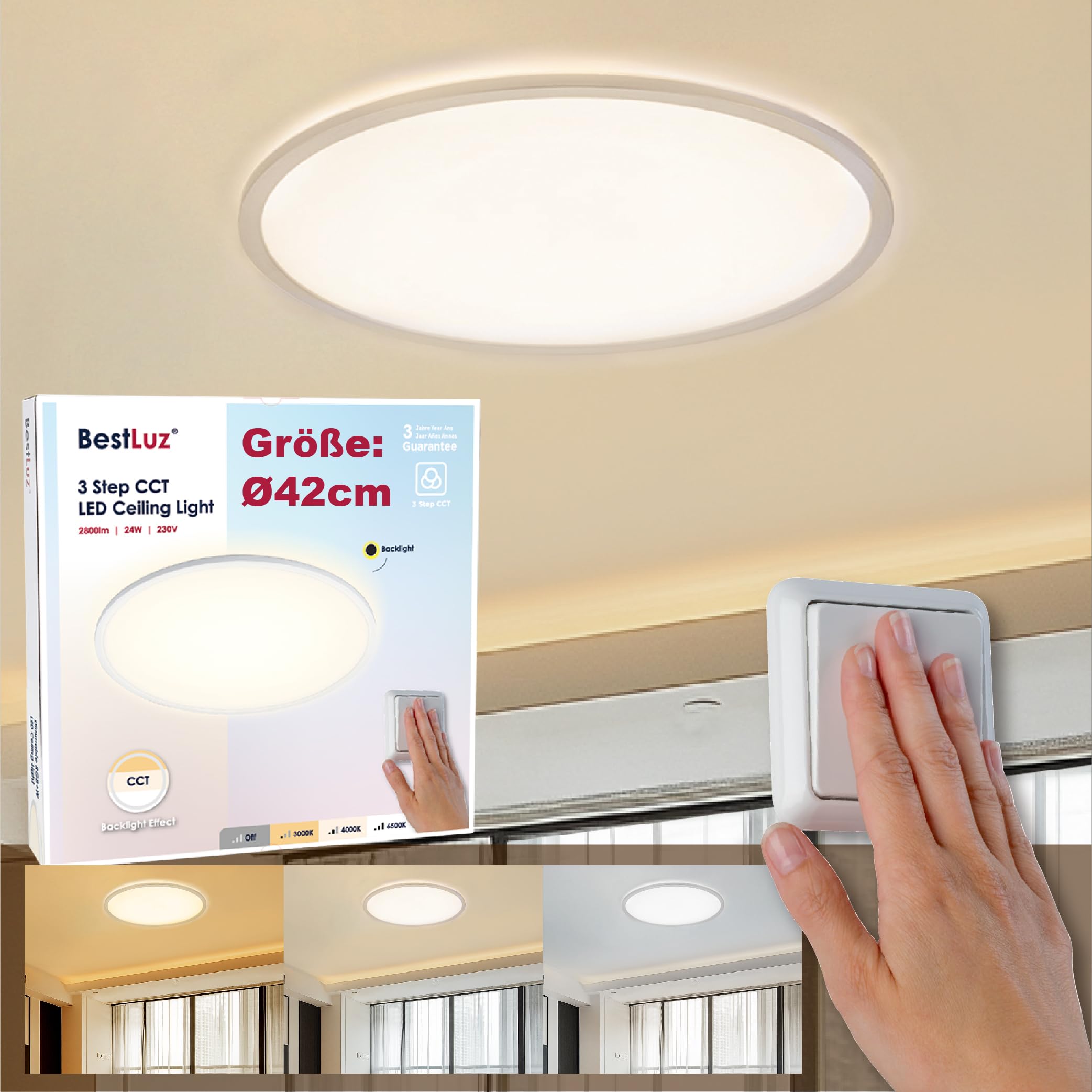 BestLuz 3 Level CCT 3000K/4000K/6500K Ø42CM 24W 2800LM IP44 LED Ceiling Light 3000K-6500K with Backlight Effect LED Panel for Living Room, Bedroom, Kitchen, Bathroom, Ultra-Thin-picture-23