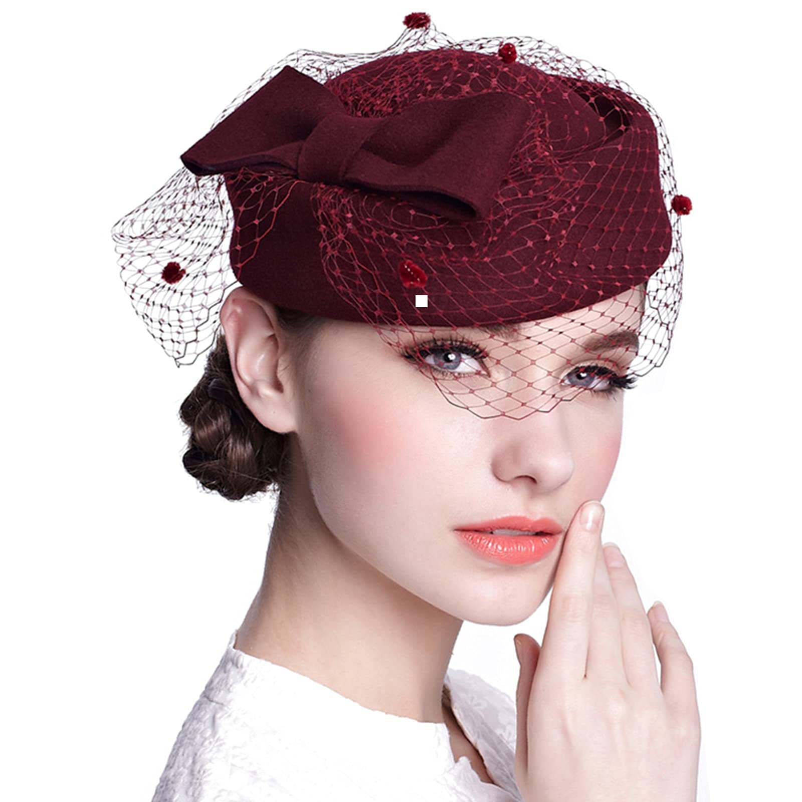 ORIDOORWomen's British Style Pillbox Church Derby Wedding Winter Vintage Fascinator Beret 100% Wool Felt Veil Hat
