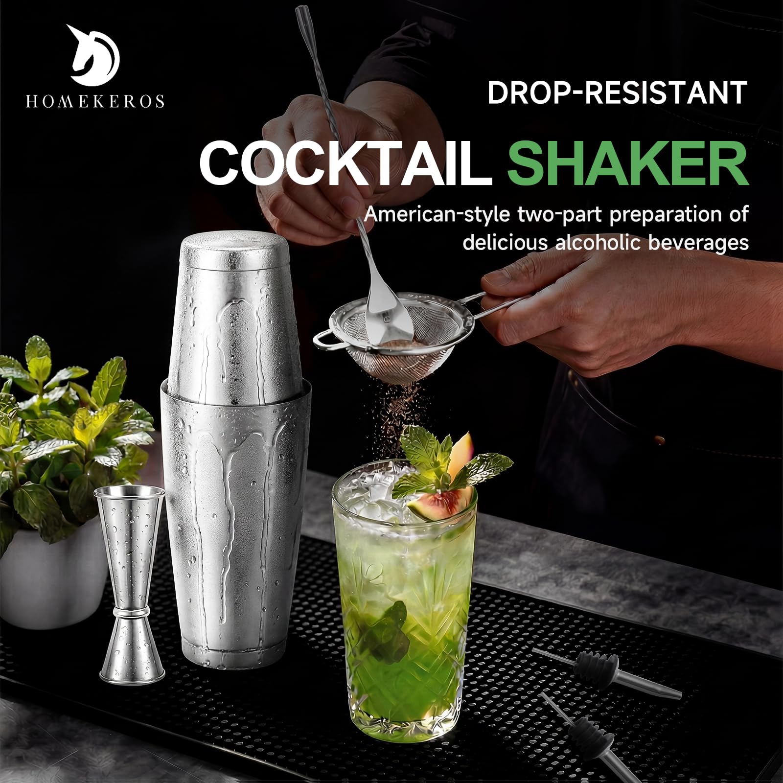 Juego de coctelera Boston de 550 ml y 850 ml, acero inoxidable 18/10, sin recubrimiento, accesorio de bar atemporal, apto para lavavajillas, para aficionados y profesionales, color plateado
