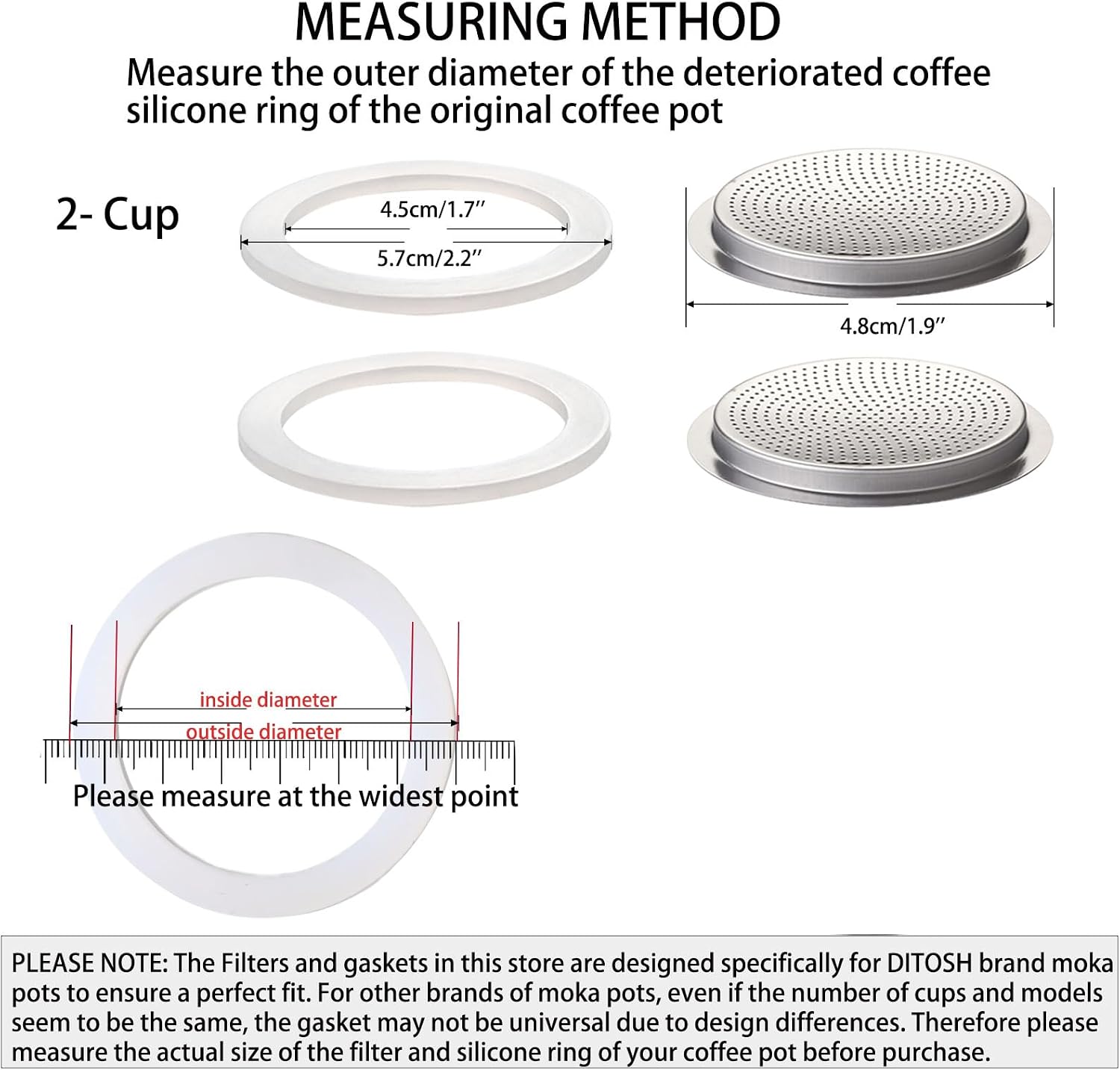 2 Pcs Filter with 3 Pcs Silicone Gasket Seals for 2 Cup Stovetop Espresso Coffee Maker Replacement Parts for DITOSH Aluminium Moka Pot image 3