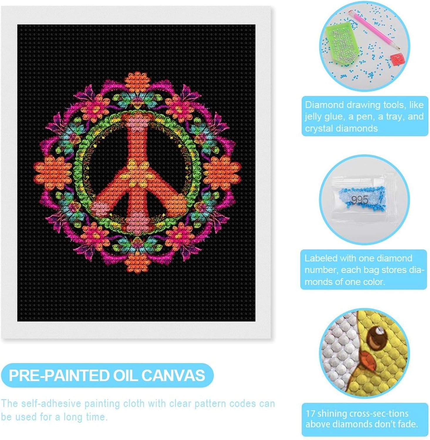 GTABVECT Peace Sign Diamond Art Painting Art Kits for Adults Diamond Art Painting Diamond Art Kits 5D Diamond Art Painting Art Kits for Home Wall Decor 12x16inch