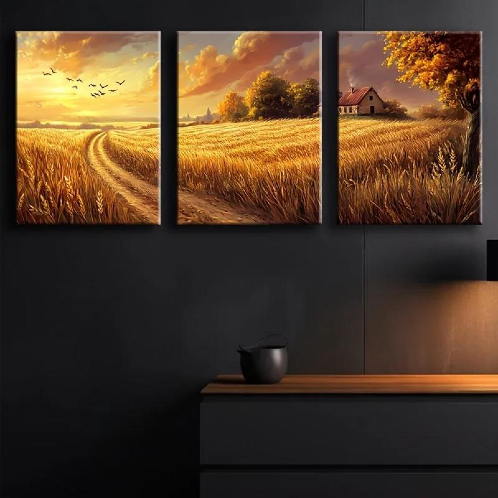 Yocheng 3pcs Canvas Wall Art -Golden Wheat Field And Sunset, Seamless Multi-Warm Golden 30x40cmx3 No Frame