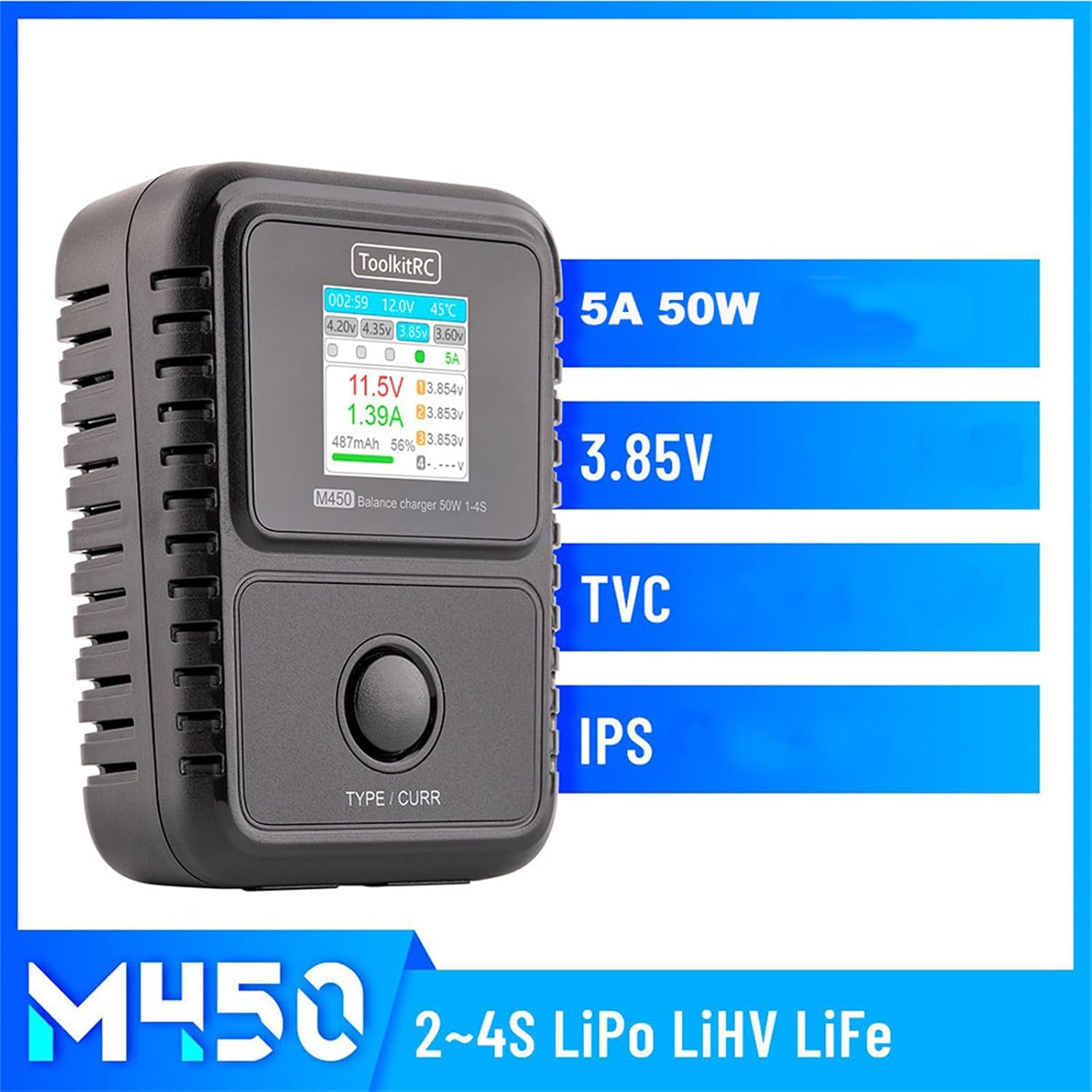 XBERSTAR ToolkitRC M450 Balance Charger with text highlighting 5A 50W, 3.85V, TVC, IPS