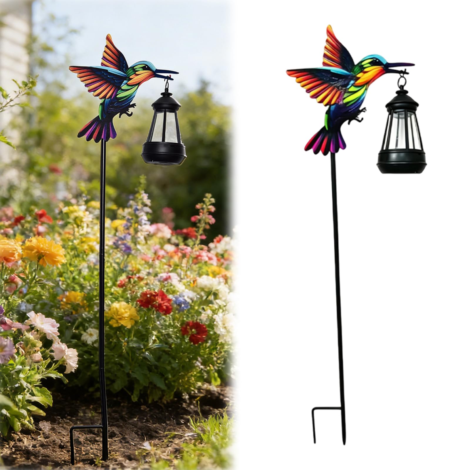 Solar Hummingbird Lights Outdoor Waterproof, Metal Garden Stake with Solar Lantern, Hummingbird Solar Light for Yard Patio Lawn Decor
