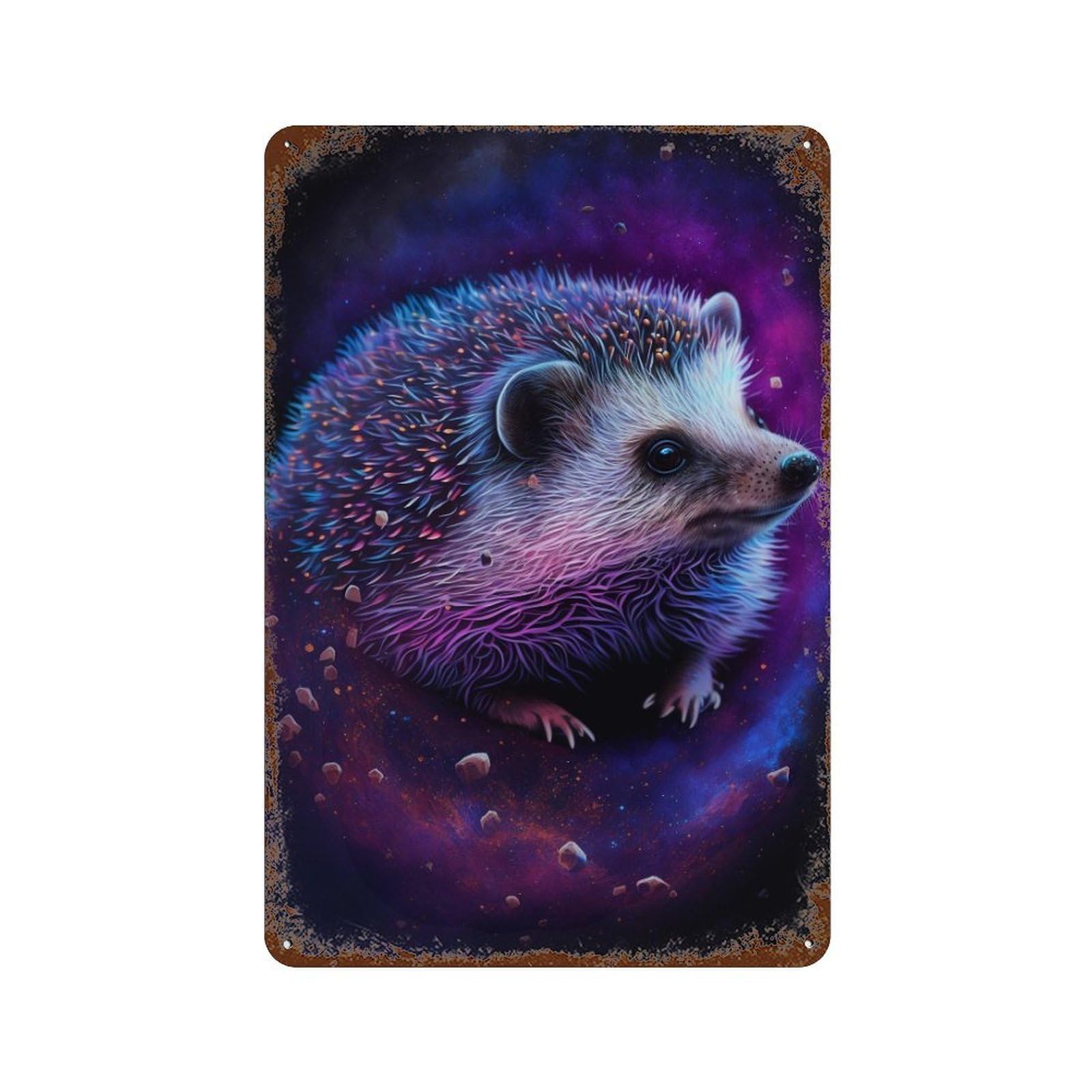 Aged Metal Wall Plaque with Cosmic Hedgehog Art Print-3 Design 11.8"x7.9", for Shed, Workshop And Garage Wall Decor, Decorative Metal Wall Art