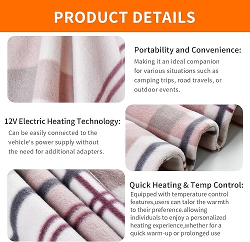 Miniatura 18 de Amazingforless - Manta de forro polar calefactable de 12 V con controlador para temporizador y niveles de calor, manta eléctrica a cuadros para Azul