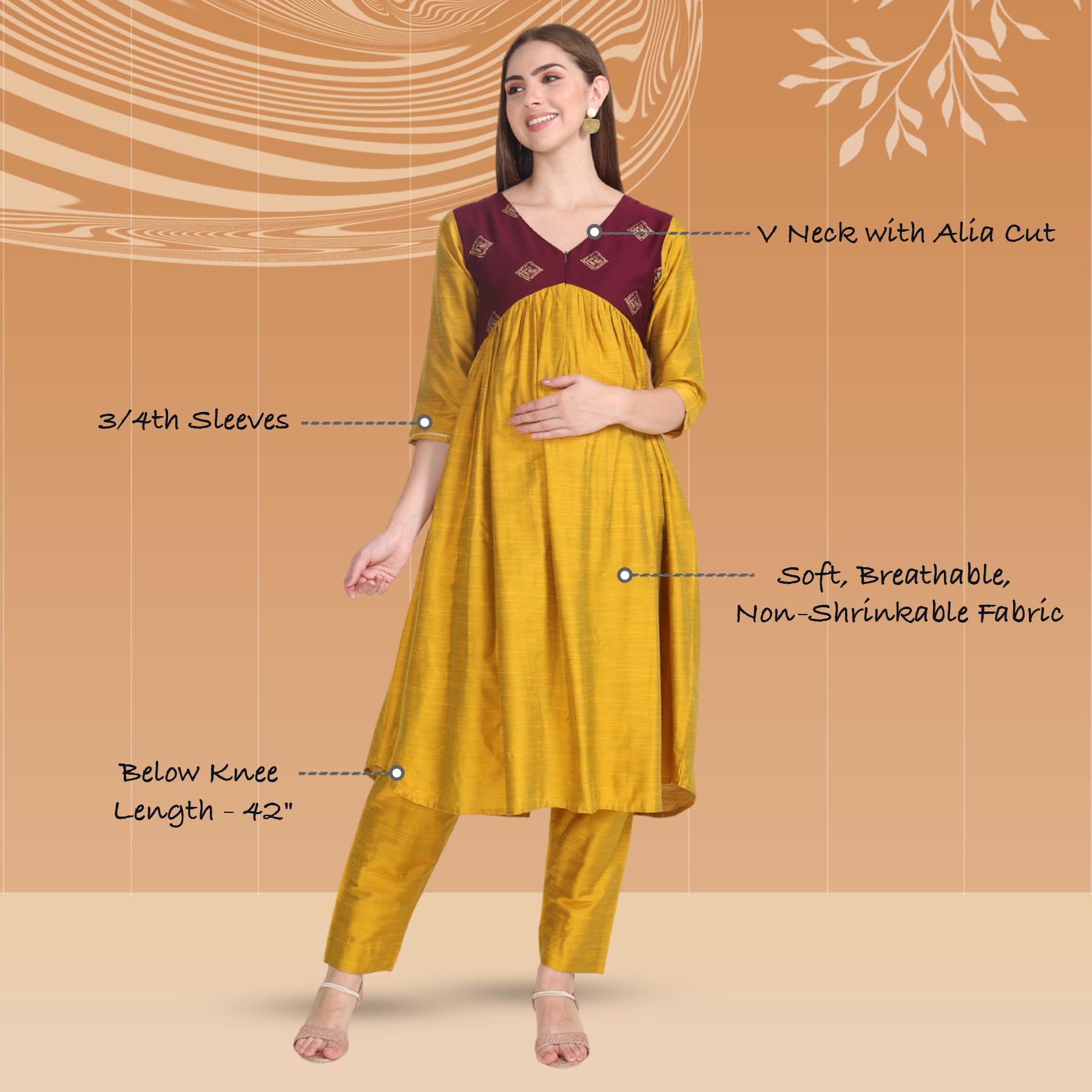 Pavisa Womens Alia Cut Cotton Silk Gold Foil Prints Yellow and Green Maternity Salwar Suit with Deep Two Side Pockets (XXX-Large, Yellow and Wine) - Image 2 thumbnail