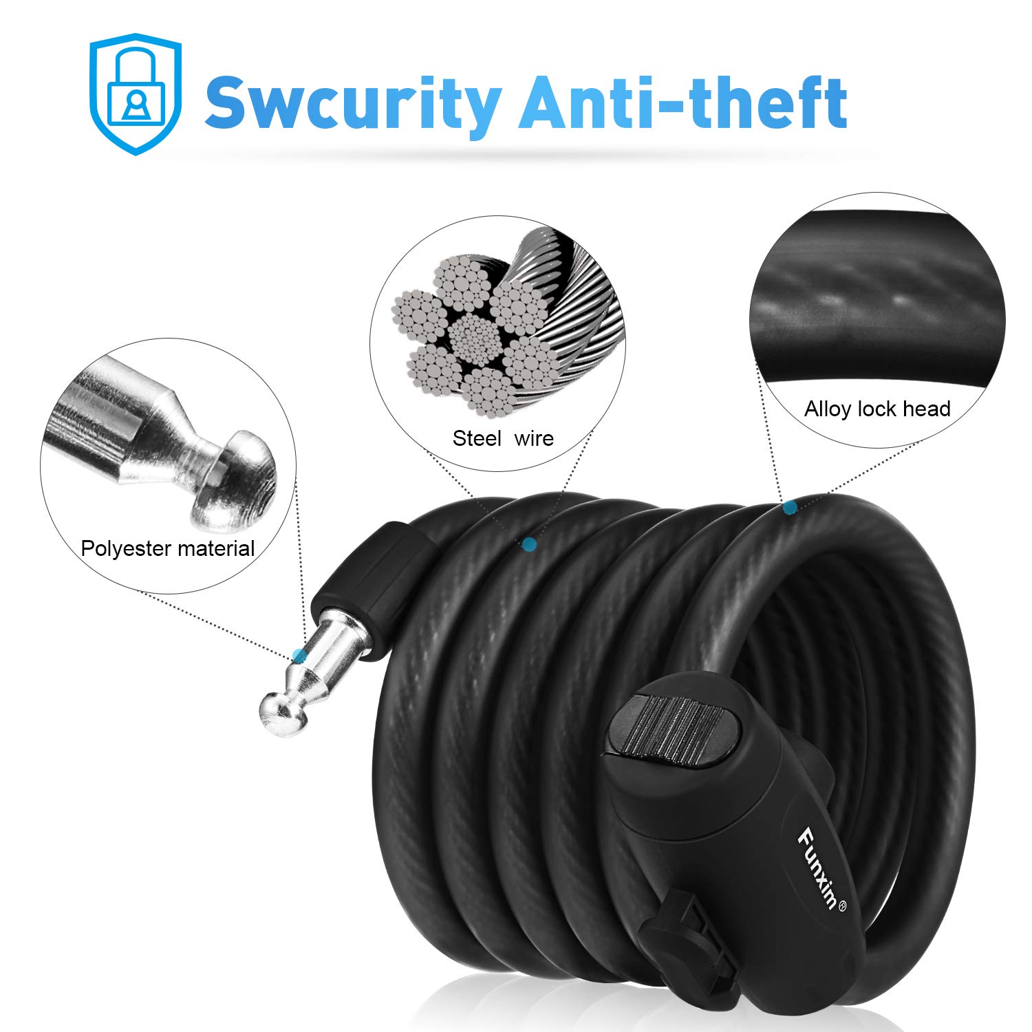 Buy Bicycle lock 180cm / 12mm cable lock with 3 keys and metal cable