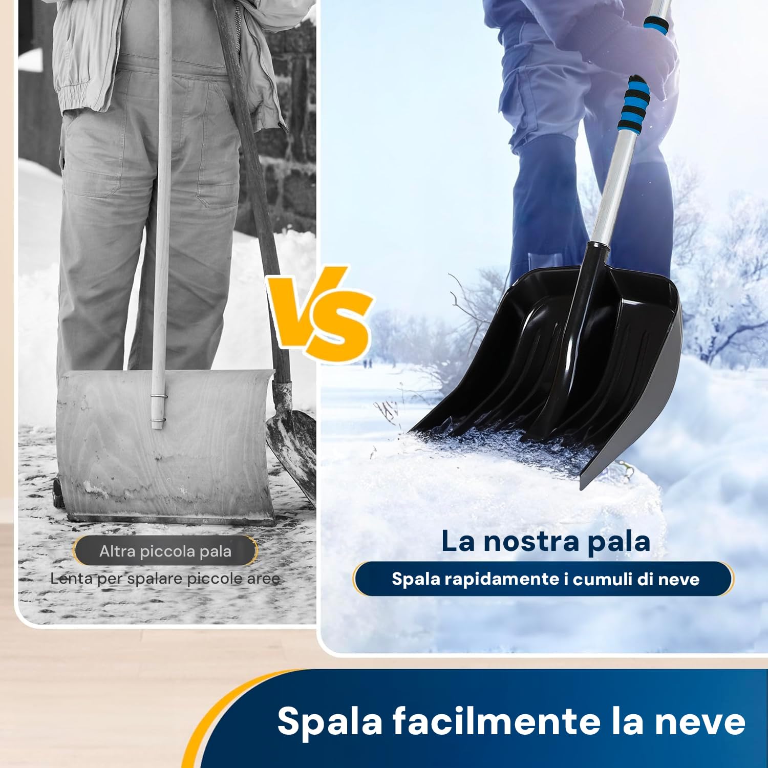 Wintem Pala da Neve con Manico in Alluminio 143x38x18cm - Ideale per Affrontare l’Inverno - Impugnatura Ergonomica Antiscivolo - Struttura Robusta, Leggera e Resistente - Semplice da Usare