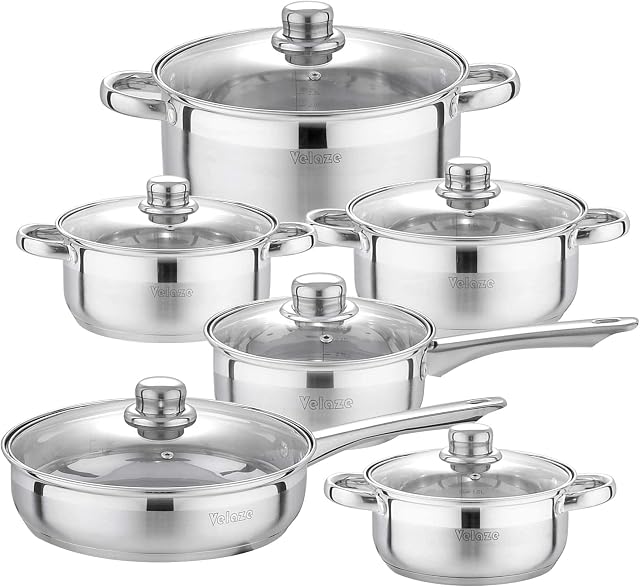 Velaze Cookware Set, Series Motti, 12-Piece Stainless Steel Pot & Pan Sets, Induction Safe, Saucepan, Casserole, Casserole, pan with Glass lid (Set of 12)