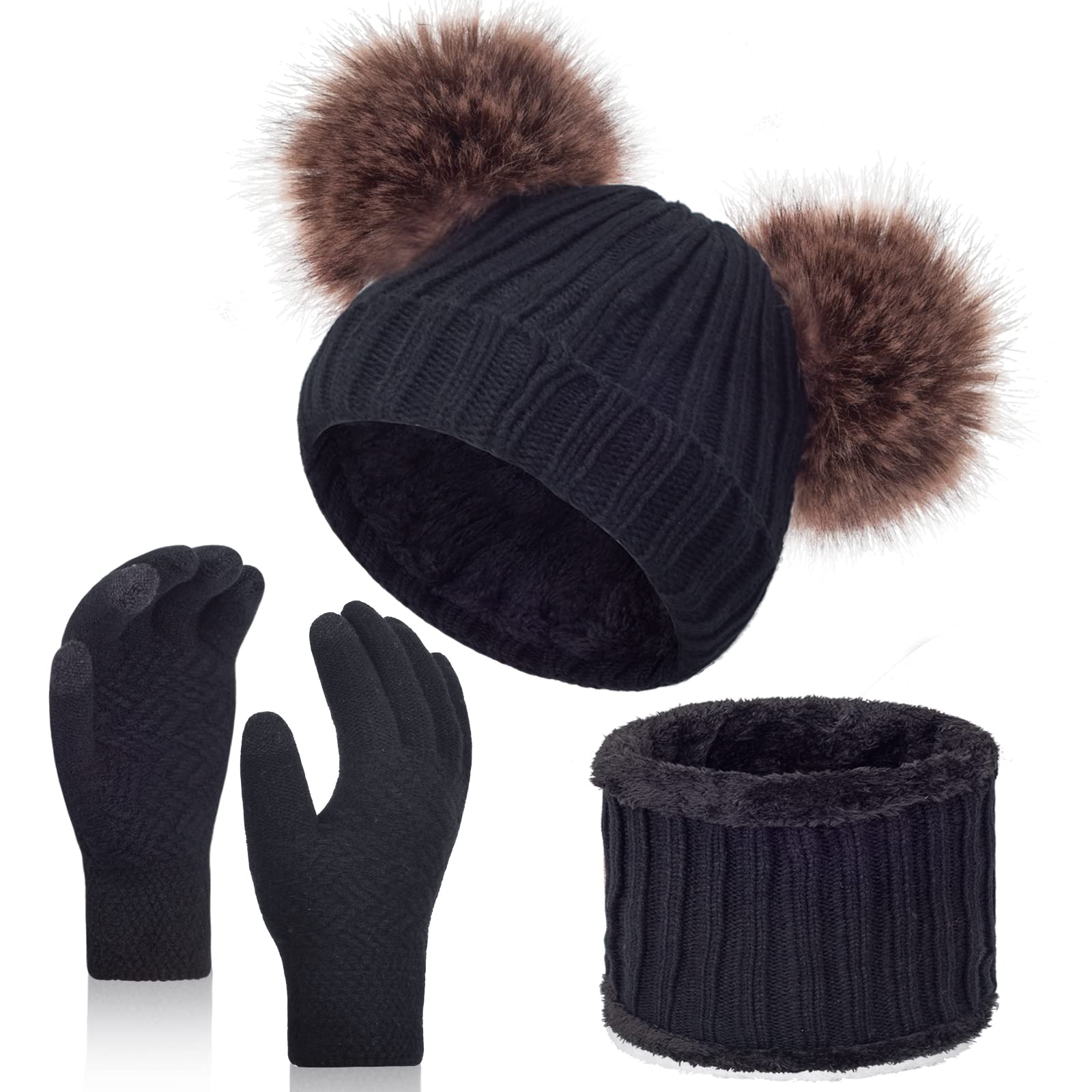 3 Pcs Women Winter Knit Beanie Hat Scarf Touchscreen Gloves Set Warm Soft Thick Fleece Lined Skull Cap with Double Pom Pom