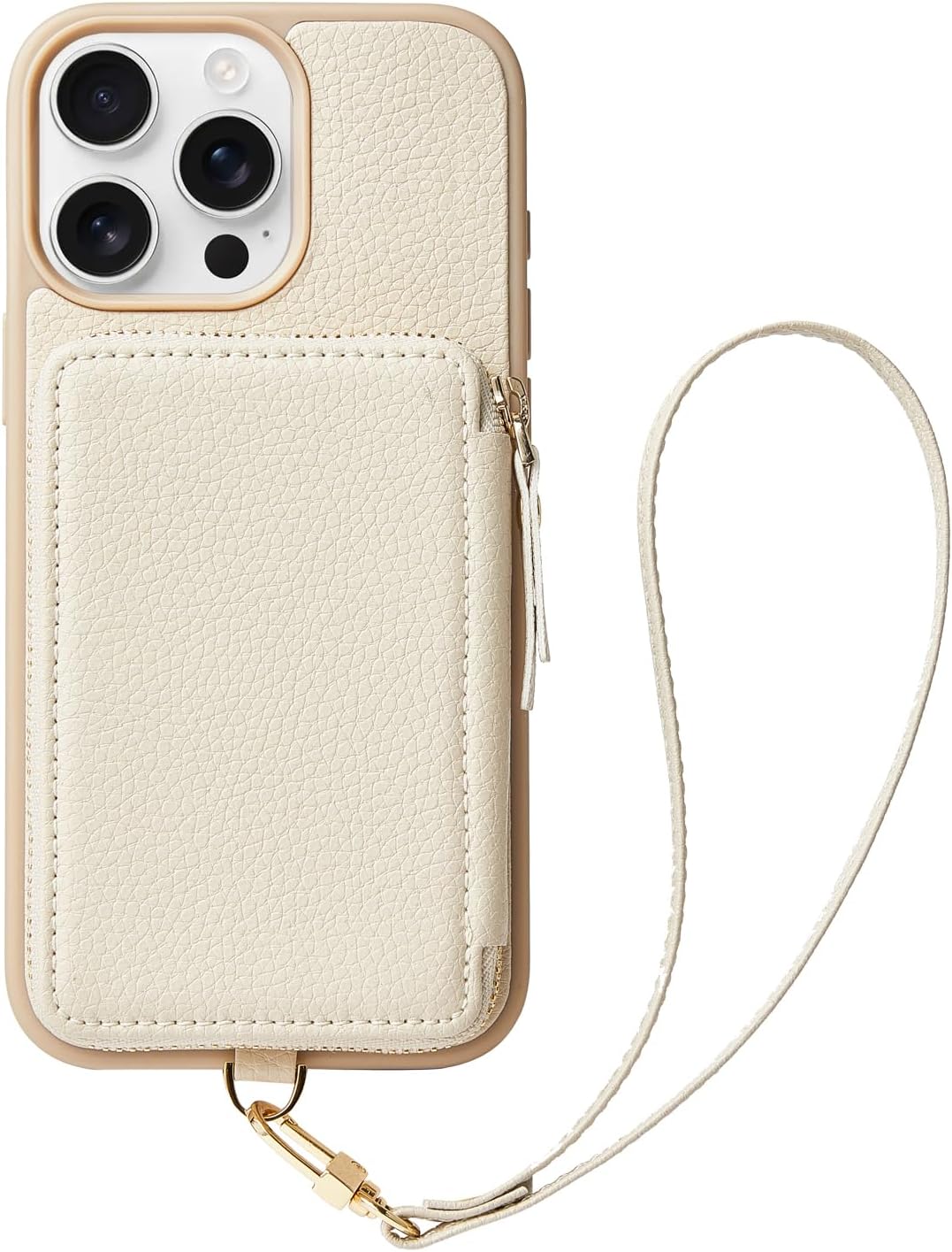 ZVE Compatible with iPhone 16 Pro Max Wallet Case, Zipper Leather Card Holder with RFID Blocking with Wrist Strap for Women for iPhone 16 Pro Max, 6.9"-Beige