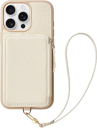 ZVE for iPhone 13 Pro Wallet Case with Wrist Strap, Zipper iPhone Case with RFID Blocking Card Holder Slot Handbag Leather Cover Gift for Women for iPhone 13 Pro 6.1" 2021- Beige