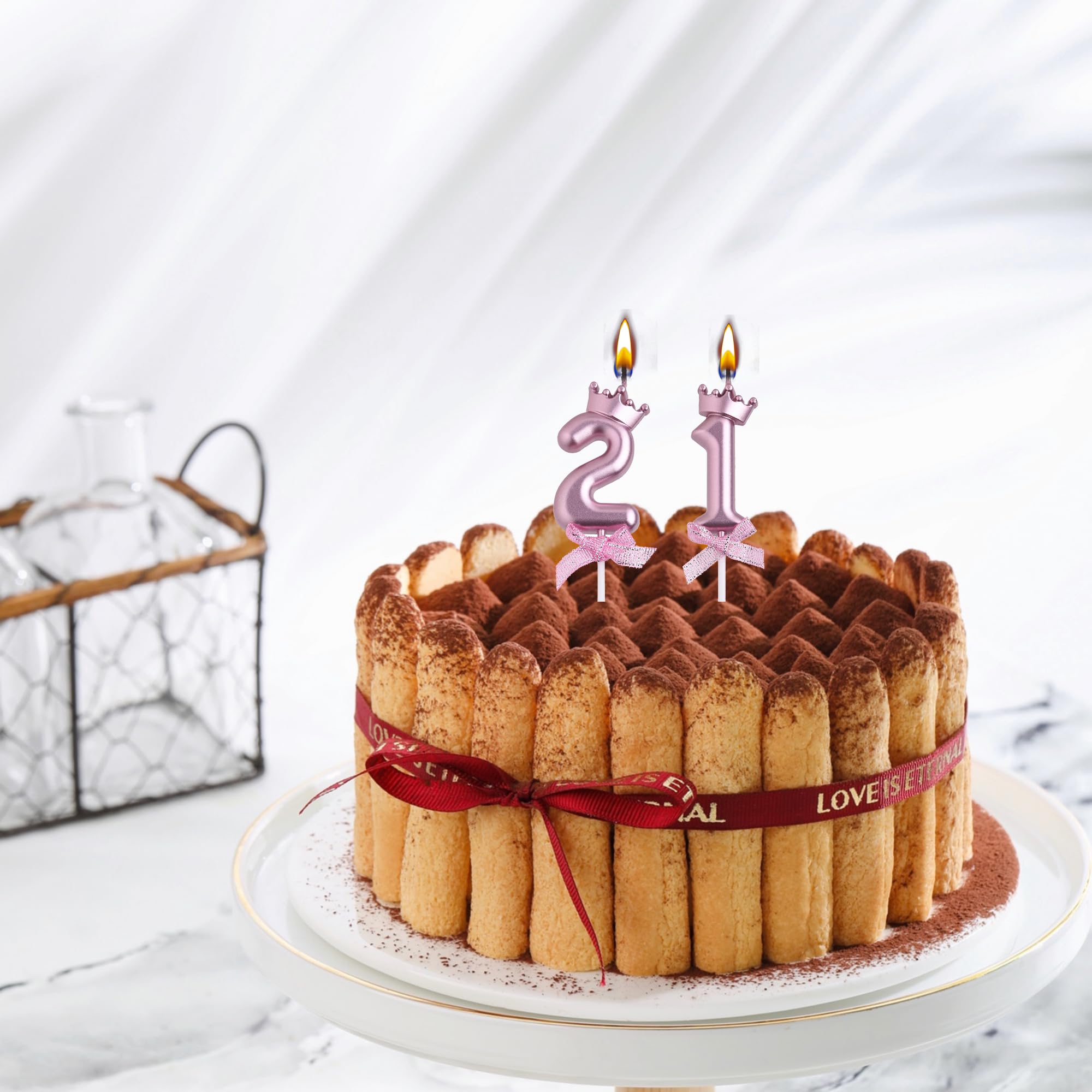 Vela de cumpleaños número 21, velas metálicas sin humo para tarta número 21 | Corona 3D y lazo con purpurina número 21 para decoración de tarta para aniversario, fiesta de cumpleaños