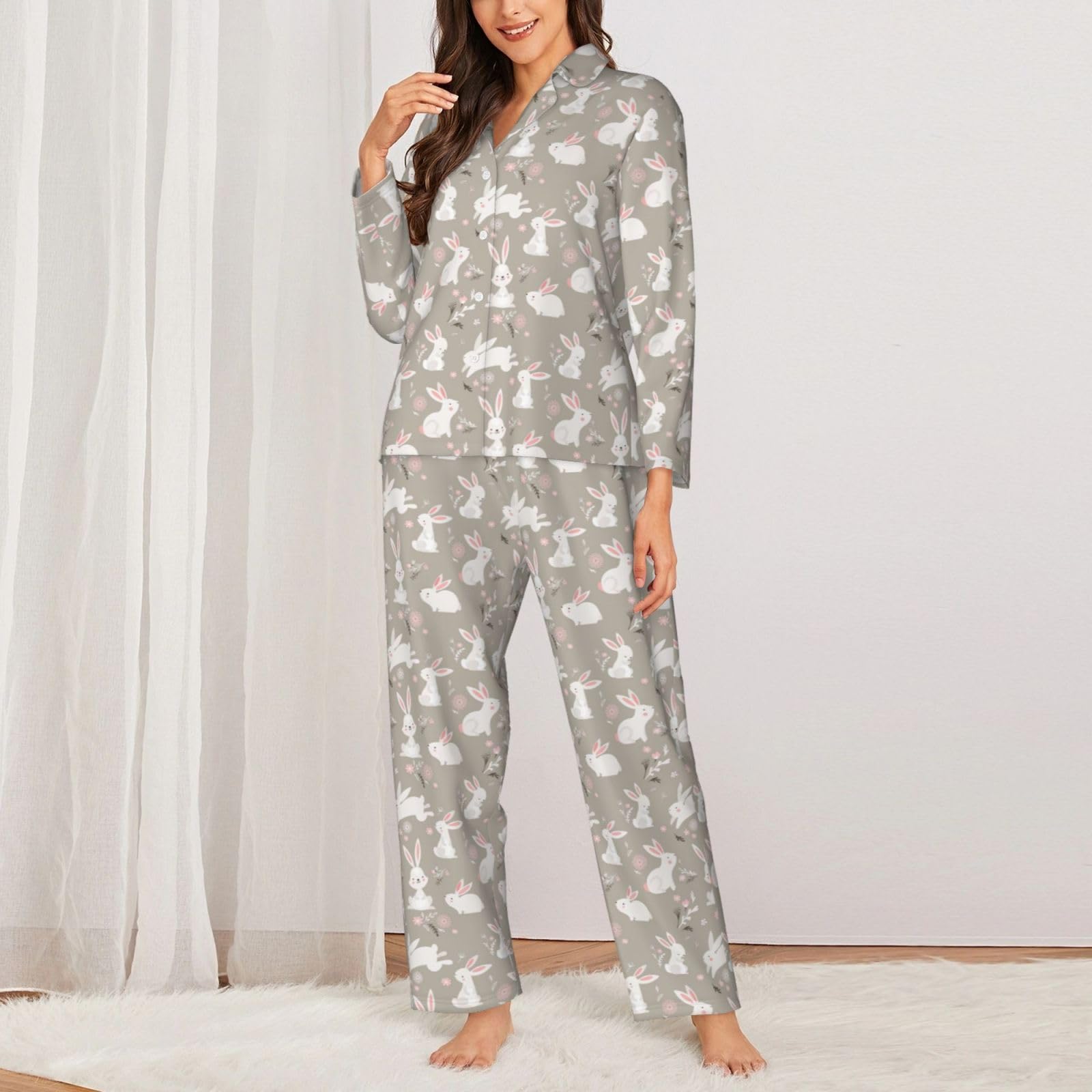 Coniglietto di Pasqua Stampa Floreale Delle Donne A Maniche Lunghe Pigiama Set Pigiameria Accogliente Homewear Casual Due Pezzi