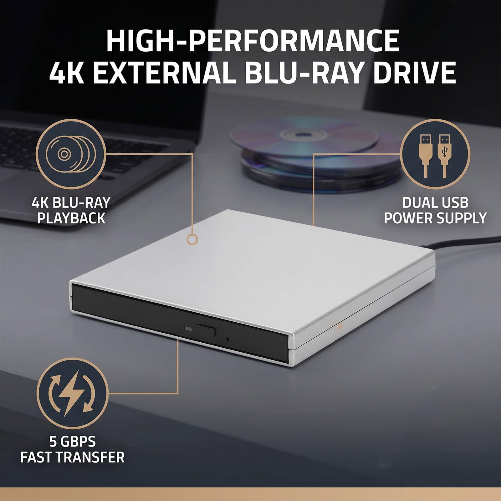 XUMIUZIY Unidad de CD DVD Externa USB 4K para PC de Escritorio Portátil, 5 Gbps (Black)