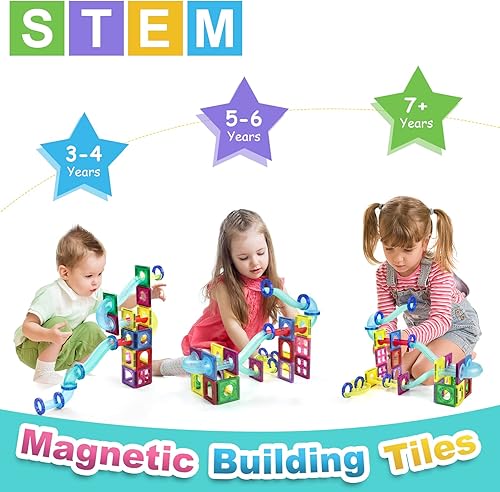 Miniatura 5 de Azulejos magnéticos Marble Run, 45 piezas de bloques de construcción magnéticos 3D de pista de carreras de mármol, juguete educativo STEAM, kit de