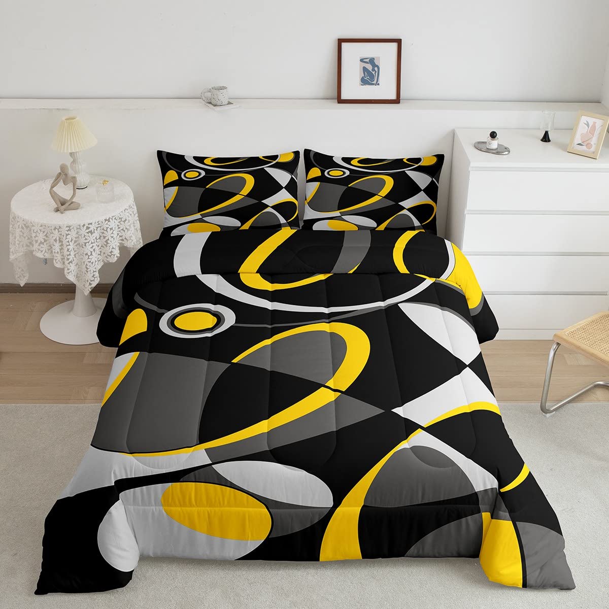 Feelyou Yellow Grey Black Geometry Comforter Geometric Circle Comforter Set Geometry Swirl Bedding Set for Children Kids Boys Girls Modern Abstract Art Duvet Set Room Decor Quilt Set Twin Size