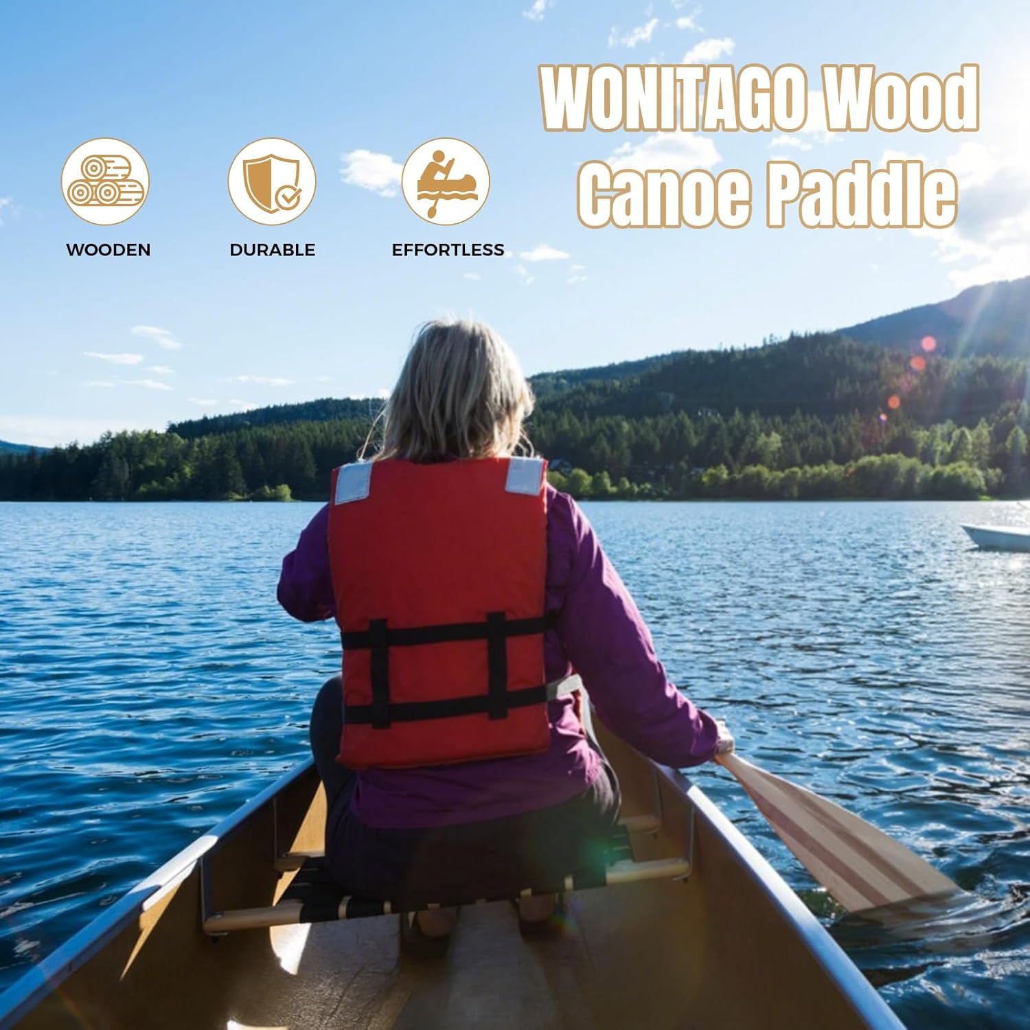 Wooden Canoe Paddle with Ergonomic Palm Grip and Anti-Collision Edge, Floating Wood Canoe Boat Paddle