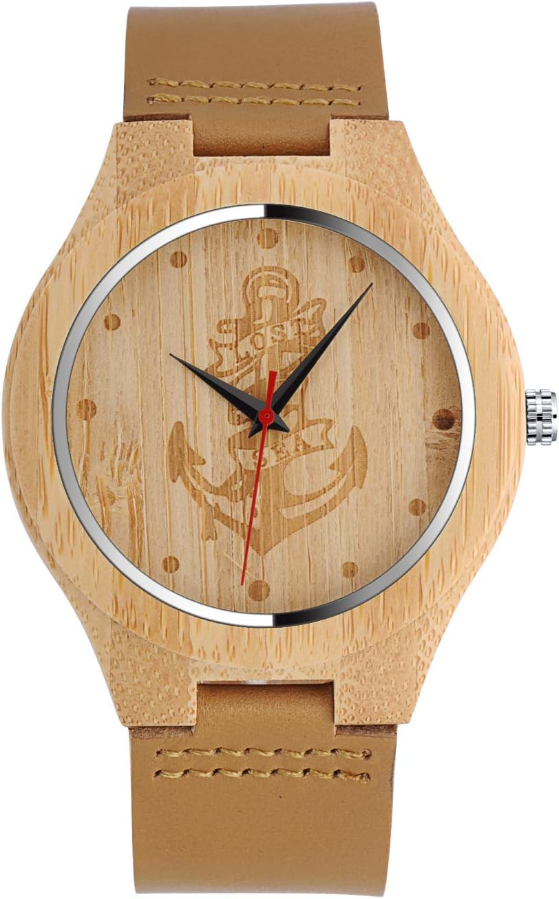 Unendlich UMen's Women's Natural Bamboo Wood Wrist Watches, Minimalist Fashion Quartz Watch, Anchor Casual Watch, Leather Band