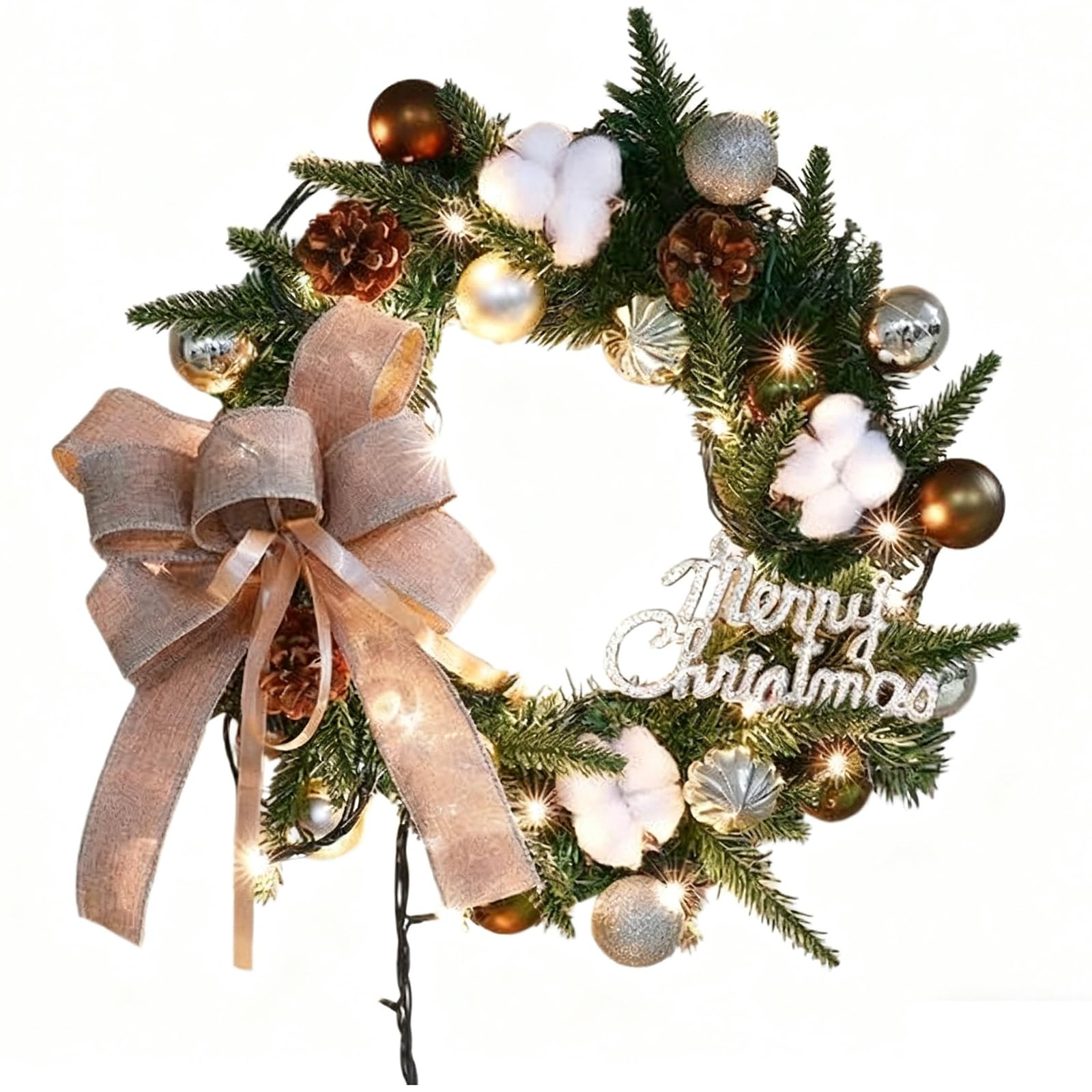 Corona Navideña Grande para Puerta de Entrada, Coronas de Navidad con Luces, Decoración Navideña para Puerta, Pared y Ventana, Adornos Verdes para Puerta(Medium)