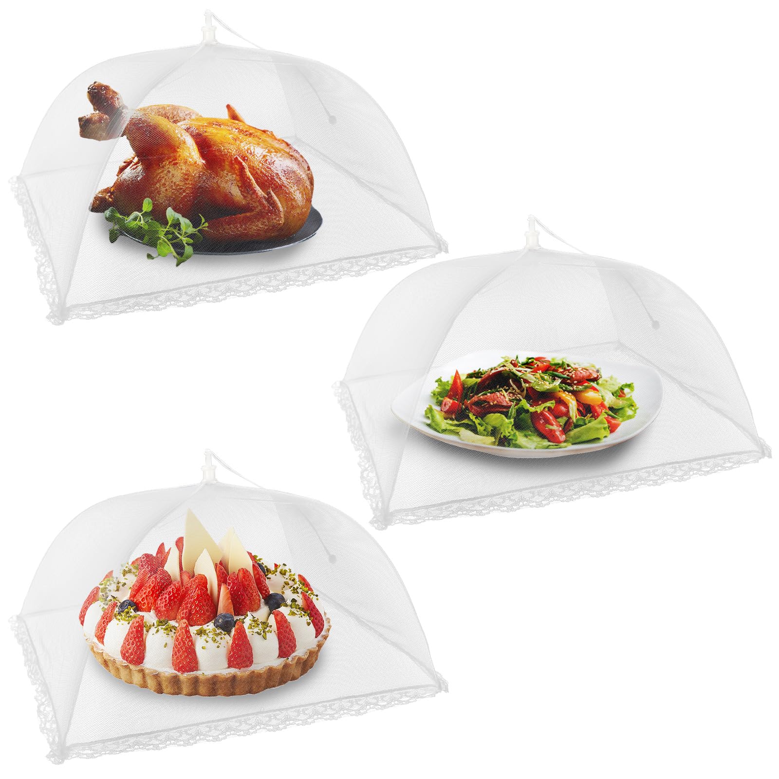 Nepak White 3Pcs Food Covers Mesh Pop Up, 17"X17" Food Tents Food Net Cover For Outdoors, Food Covers Mesh For Outside,Screen Tents For Party,Picnics, Bbq,Reusable And Collapsible
