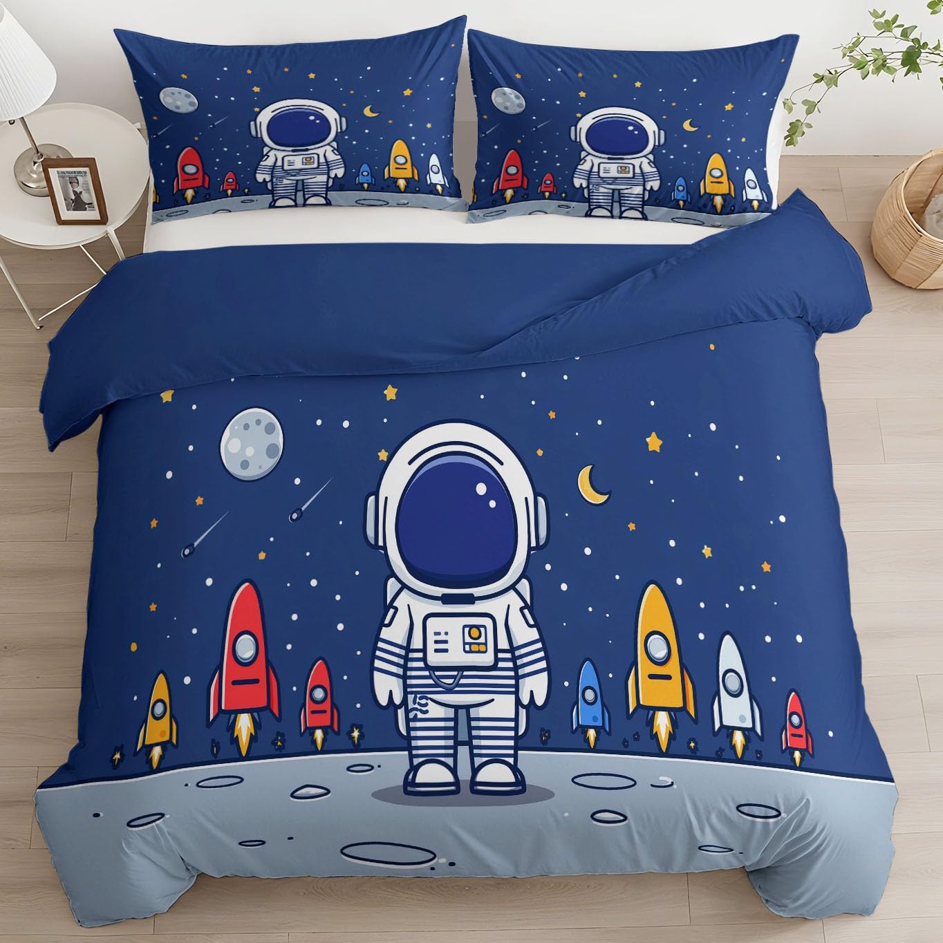 3-częściowy zestaw dwustronnej pościeli dla dorosłych 2 osób, kreskówkowy astronauta księżyc planeta poszwa na kołdrę zestaw pościeli z mikrofibry dla dzieci 140 x 200 cm, z 2 poszewkami na poduszki