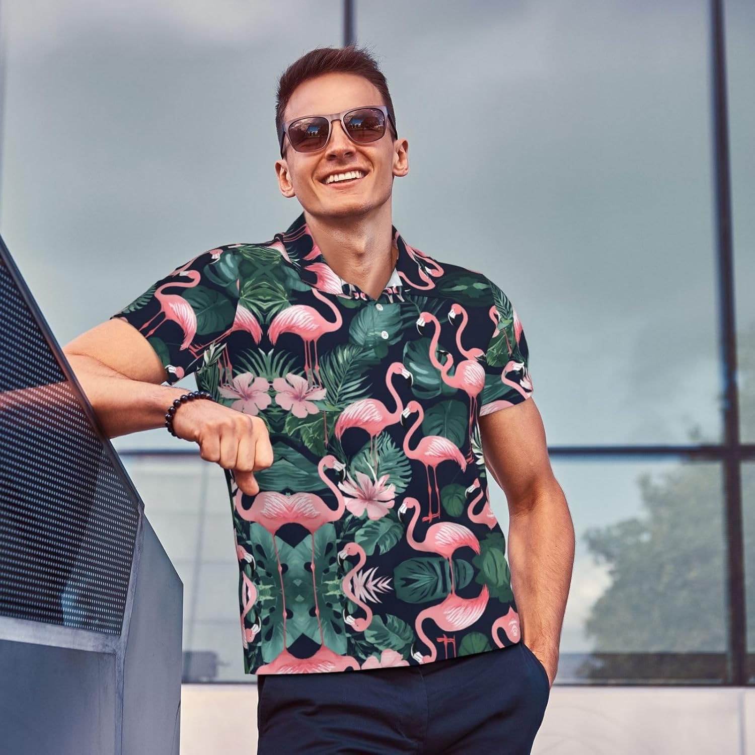 Pink Flamingo Print Men's Polo Shirts, Short Sleeve Golf Shirt, Moisture Wicking Athletic Casual T-Shirt