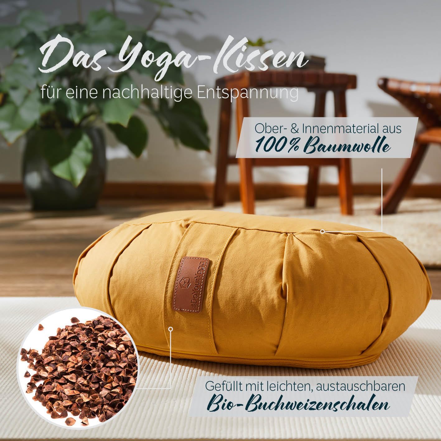 #DoYourYoga Zafu Halbmondkissen »Ganesh« gefüllt mit Bio-Dinkelspelz oder Bio-Buchweizenschalen | waschbarer Bezug | 45 x 30 x 14 cm | Meditations-, Sitz-, Rondokissen für Yin Yoga