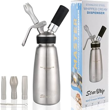 Professional Whipped Cream Dispenser Stainless Steel 304- Highly Durable Cream Whipper 1 Pint (500 ml) with 3 Tips andBrush, ZERO-LEAK Whipping Siphon Canister, Gourmet Maker (SS-P)