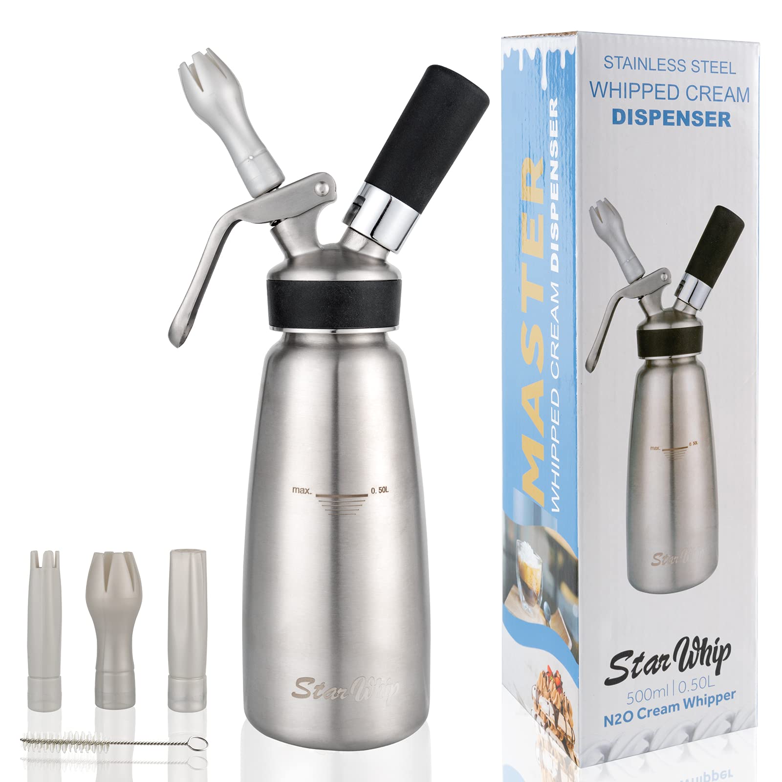 Professional Whipped Cream Dispenser Stainless Steel 304- Highly Durable Cream Whipper 1 Pint (500 mL) with 3 Tips andBrush, ZERO-LEAK Whipping Siphon Canister, Gourmet Maker (SS-P)