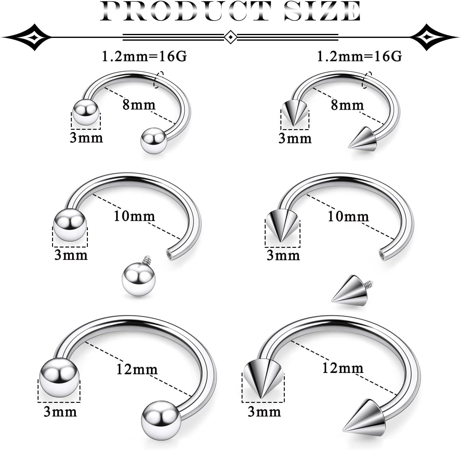 18G 16G 14G Internally Threaded Surgical Steel Nose Septum Horseshoe Hoop Earring Eyebrow Tragus Helix Lip Rings Smiley Piercing Jewelry - Image 2