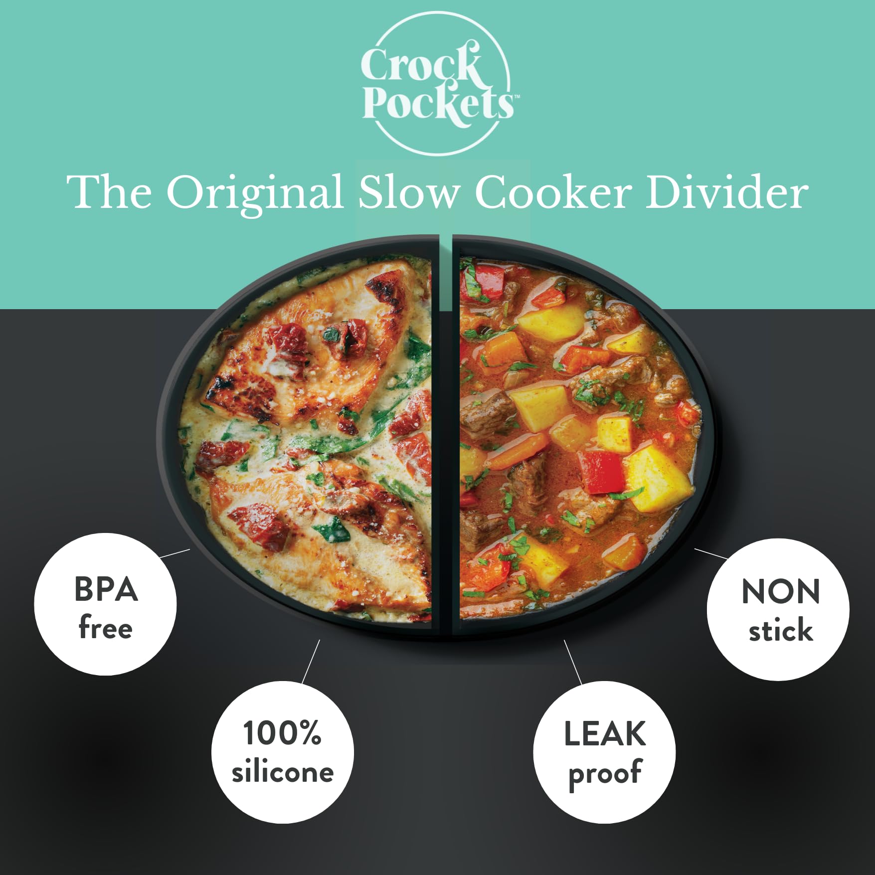 CrockPockets® Reusable Silicone Slow Cooker Dividers – 6Qt Divider Set (2-Pack), Non-Stick, Leak-Resistant, BPA-Free, Dishwasher Safe + Free Digital Cookbook!
