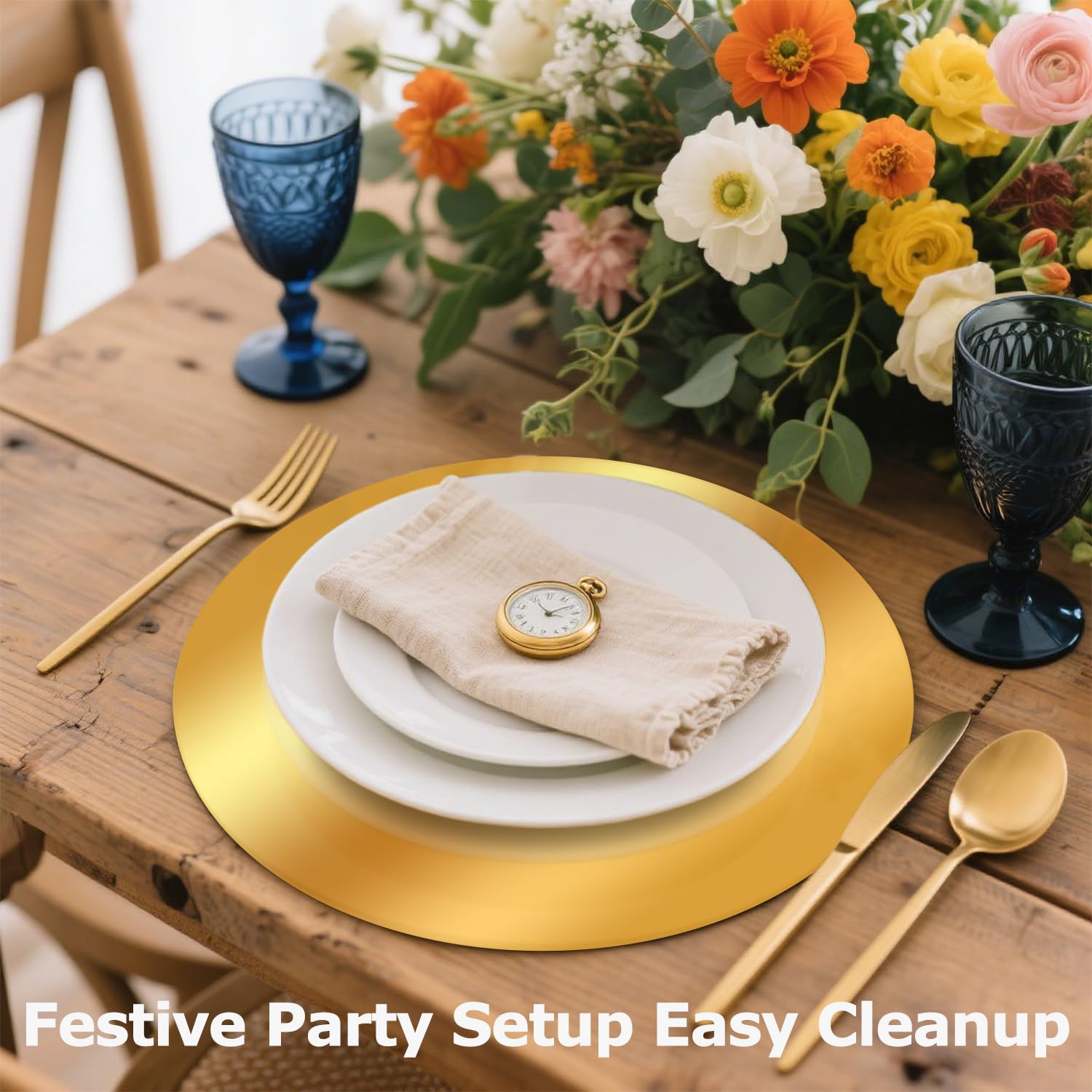 Lot de 100 assiettes rondes jetables en papier doré de 33 cm pour mariage, fête, décorations de table de vacances, événements de restauration et banquets (doré)