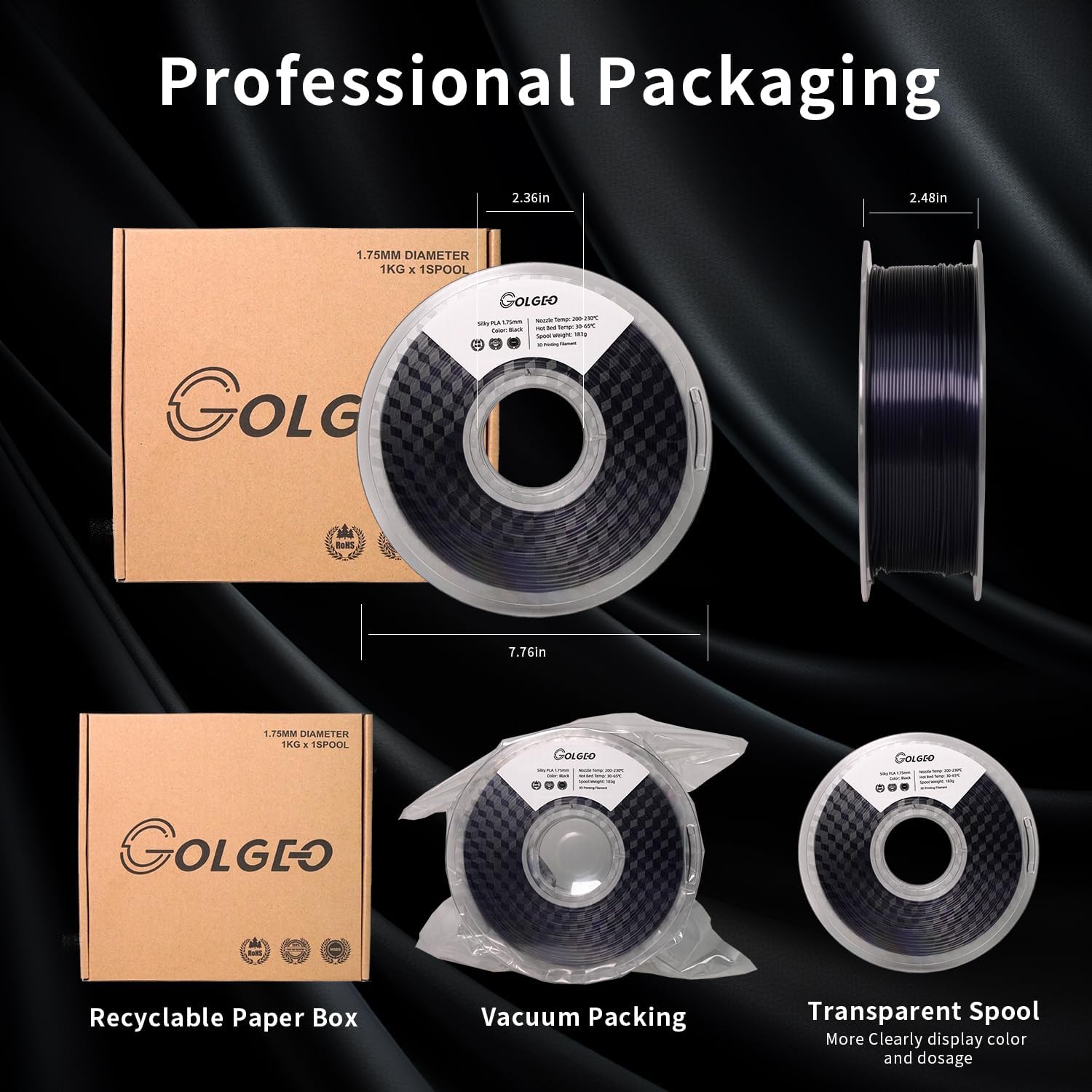 PLA Filament 1.75mm, Shiny Silk 3D Printer Filament,Shing Black Silky, Dimensional Accuracy +/- 0.02mm,Glossy and Smooth, Suit for Most 3D FDM Printers, 1kg/2.2lbs - Image 6