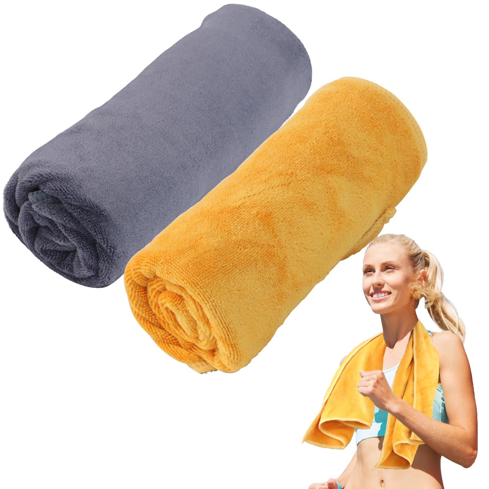 2 Packs Quick Drying Gym Towel 35x75cm,Soft Microfiber Super Lightweight Sport Sweat Towels,Gym Towels for Camping,Swimming,Beach,Travel,Yoga,Hiking,Sports-Grey & Orange
